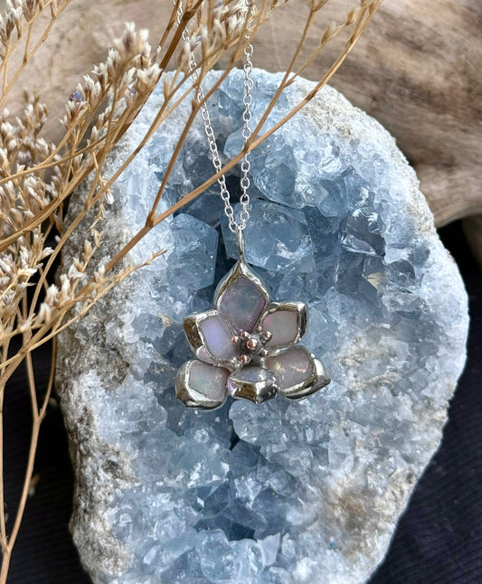 " . Magnolia flower White pearl iridescent Necklace ” Stained glass tropical flower 3D, art jewelry