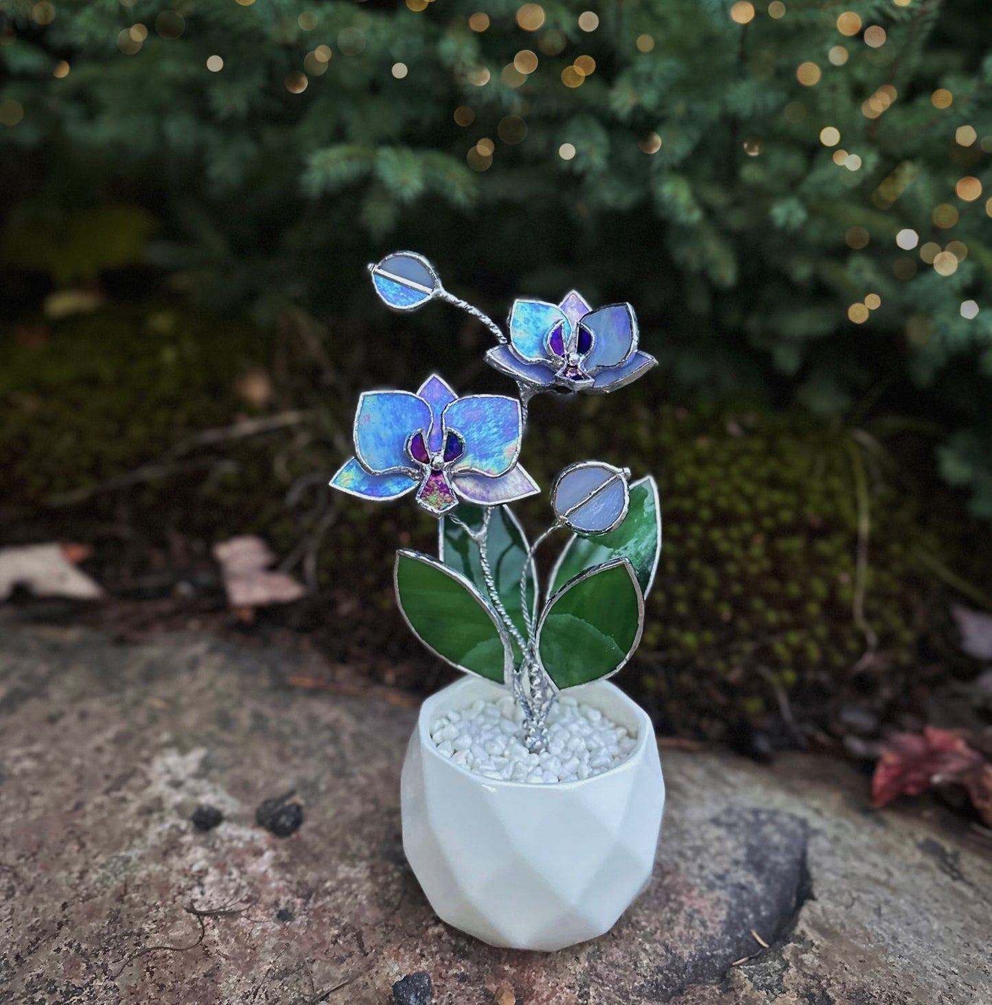 " . Lavender iridescent Orchid 2 flowers with pot” Stained glass tropical flower 3D, Sun catcher, Table plant decor, Garden stick, Outdoor and gardening decor