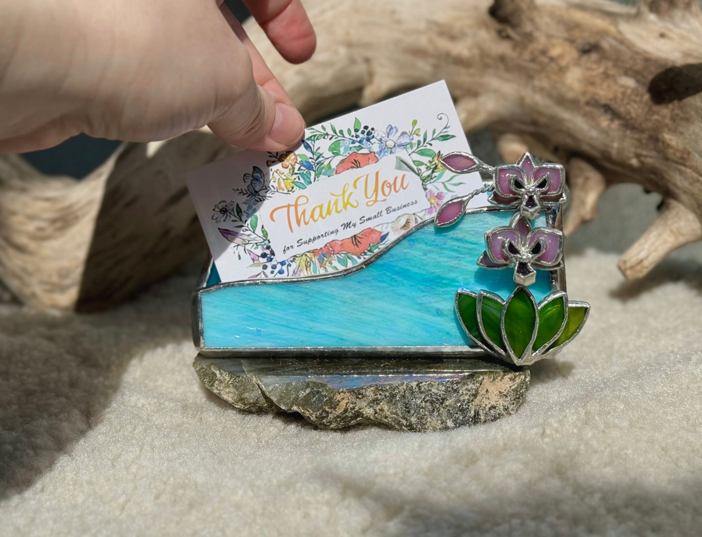 " . CHOOSE COLOR Business Card Holder with orchid”, stained glass art, floral decor, wedding decorations, interior, Mother’s Day gift