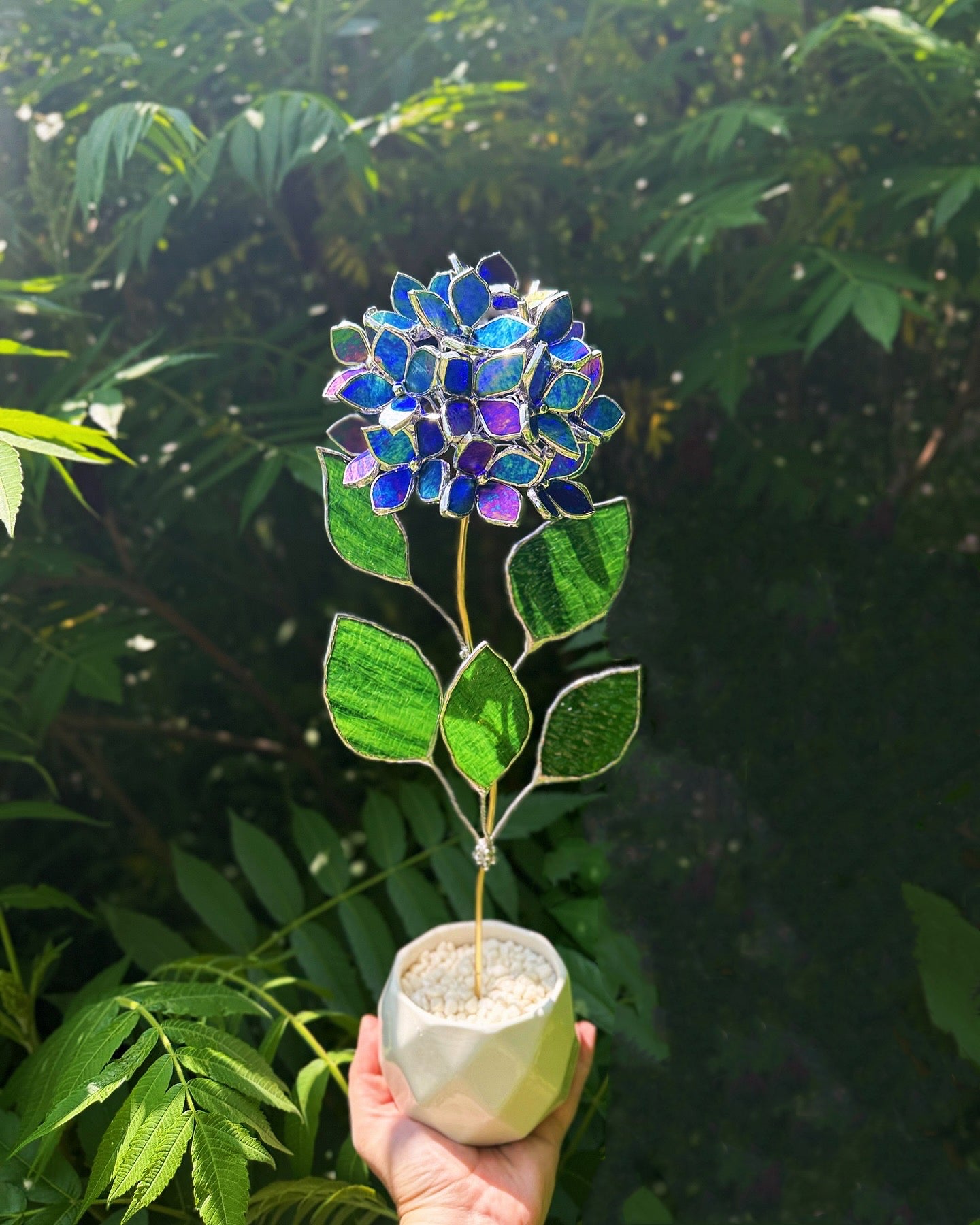 " . CHOOSE COLOR Hydrangea with pot”, Stained glass tropical flower 3D, Sun catcher, Table plant, Garden stick, Outdoor and gardening decor