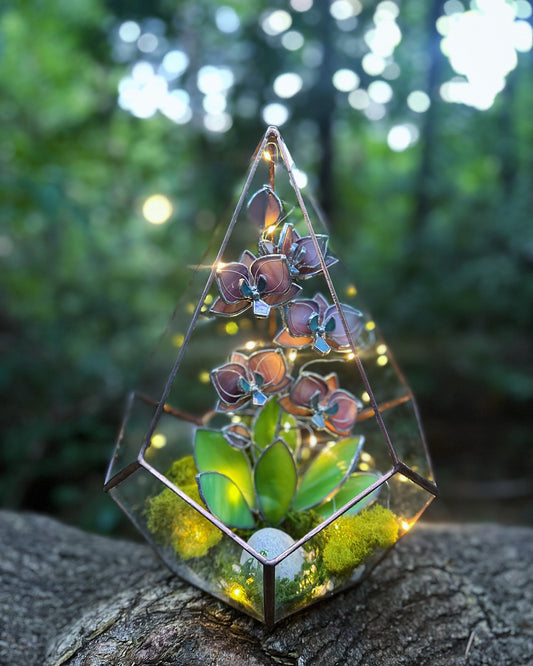 " . CHOOSE COLOR Geometric glass 3D terrarium Teardrop with stained glass orchids. Wedding glass decor, Mother’s Day  gift, glass art, suncatcher, succulents, cacti