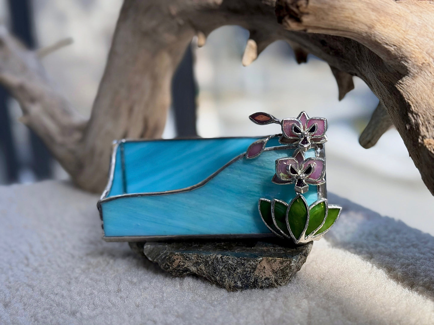 " . CHOOSE COLOR Business Card Holder with orchid”, stained glass art, floral decor, wedding decorations, interior, Mother’s Day gift