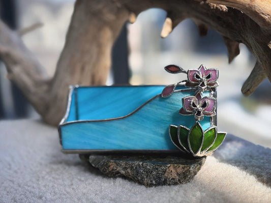 " . CHOOSE COLOR Business Card Holder with orchid”, stained glass art, floral decor, wedding decorations, interior, Mother’s Day gift