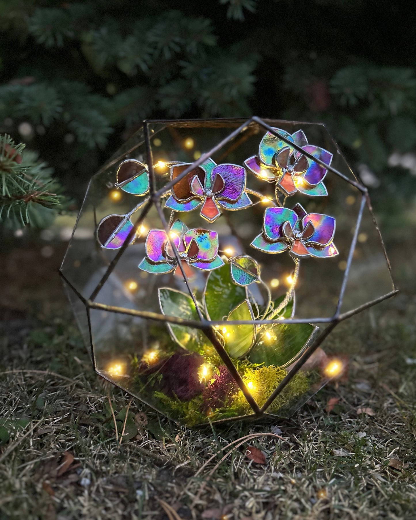 " . Geometric glass 3D terrarium Sphere with stained glass iridescent orchid. Wedding glass decor, Mother’s Day gift, glass art, suncatcher, succulents, cacti