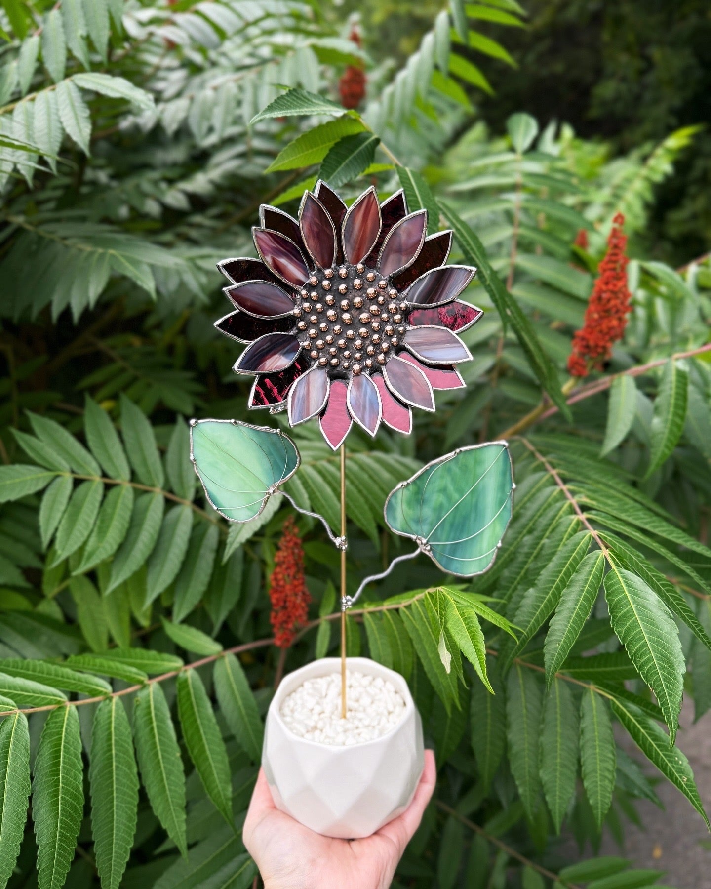 " . Sunflower Marble grey & purple silver oat", stained glass tropical flower 3D, Sun catcher, Table plant decor, Garden stake, Outdoor and gardening, wedding Christmas gift