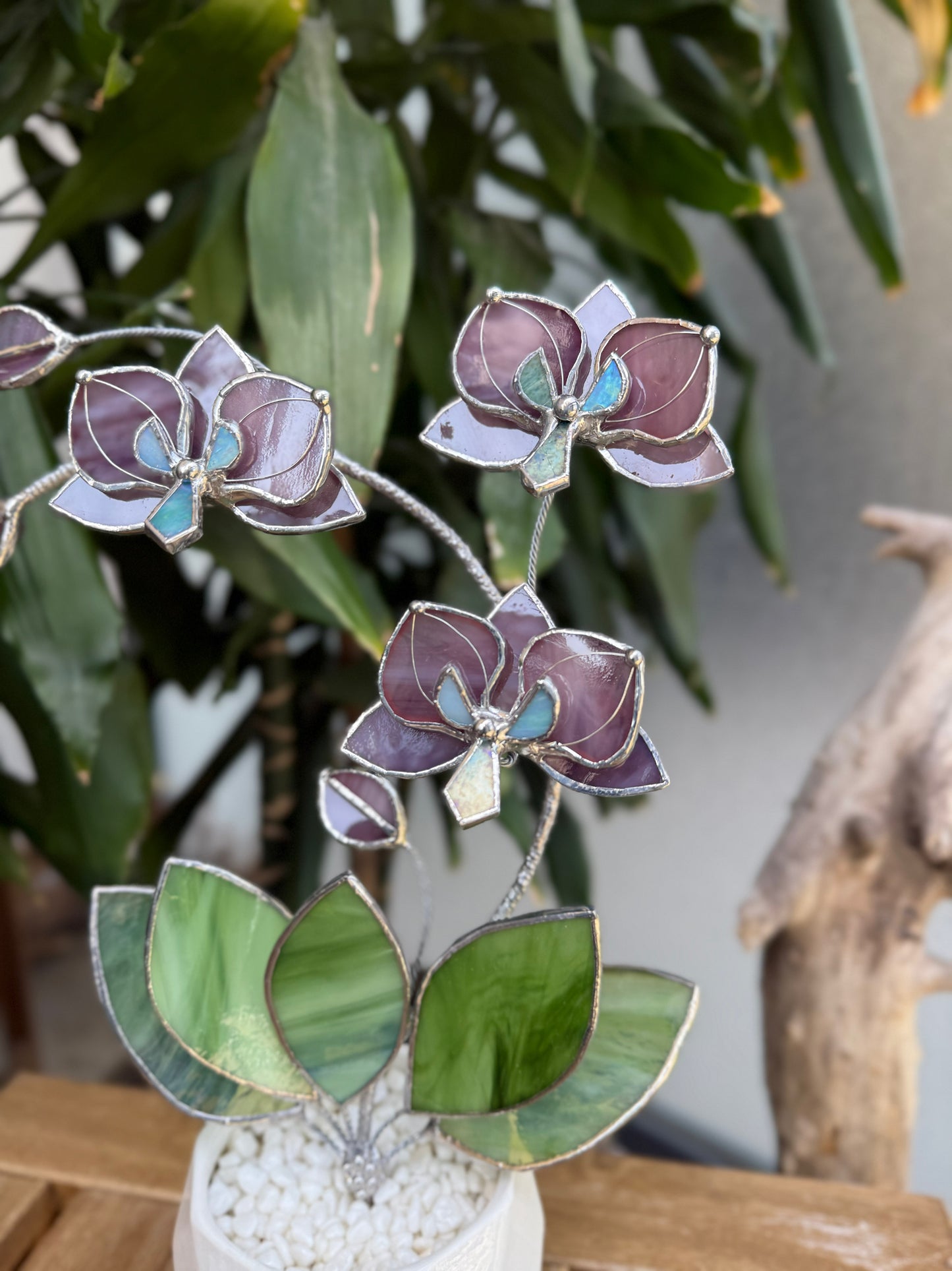 " . Dusty Rose translucent Orchid 3 flowers with pot” Stained glass tropical flower 3D, Sun catcher, Table plant, Garden stick, Outdoor and gardening decor