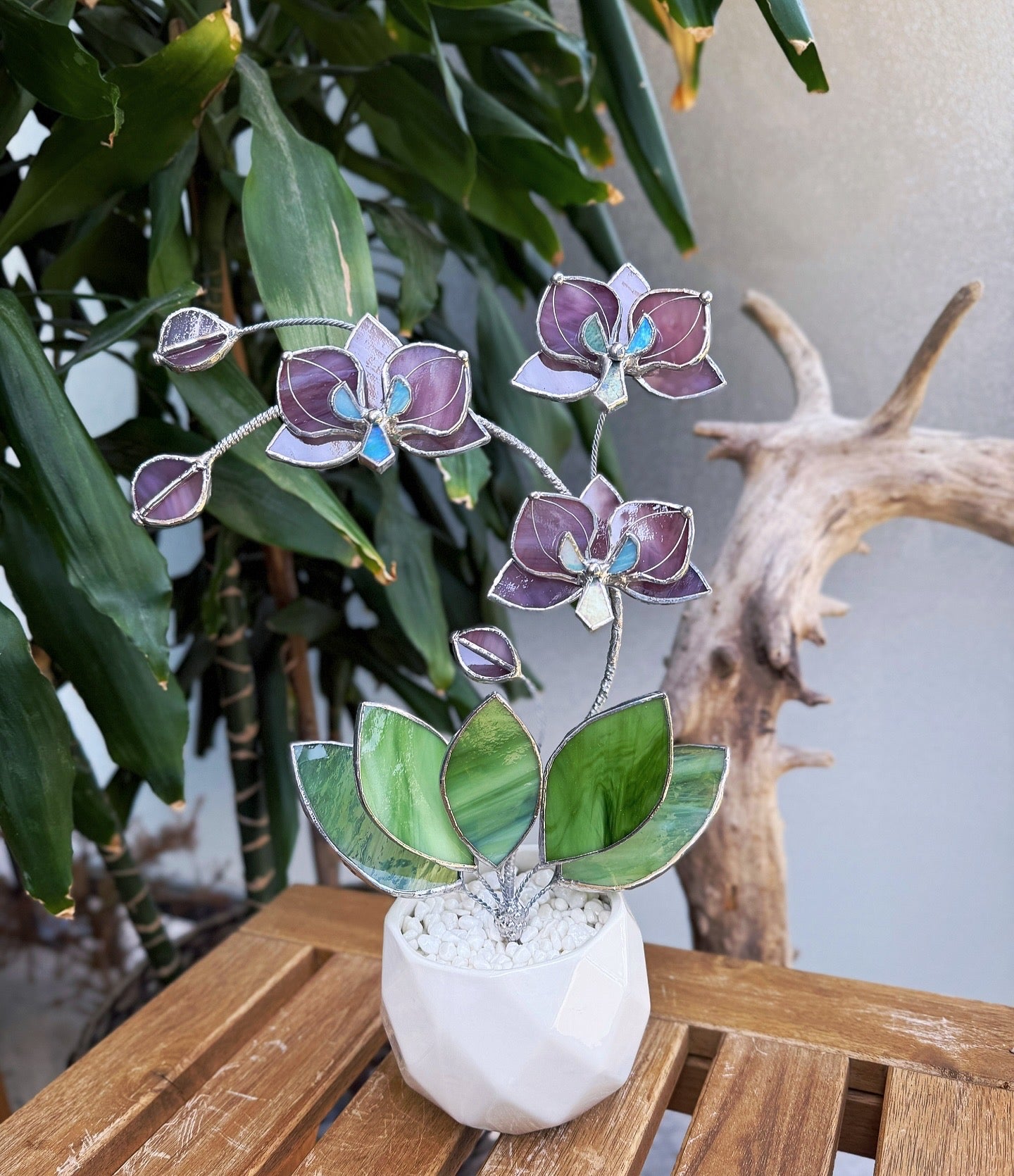 " . Dusty Rose translucent Orchid 3 flowers with pot” Stained glass tropical flower 3D, Sun catcher, Table plant, Garden stick, Outdoor and gardening decor