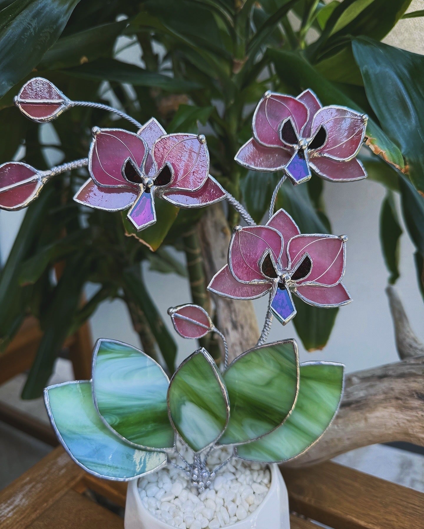 ". Baby Pink Orchid 3 flowers with pot” Stained glass tropical flower 3D, Sun catcher, Table plant, Garden stick, Outdoor and gardening decor