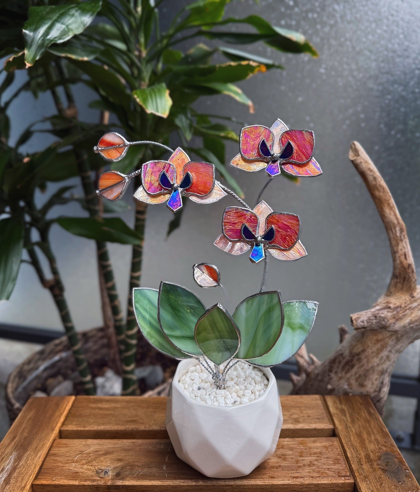 ". Peachy white iridescent Orchid 3 flowers with pot” Stained glass tropical flower 3D, Sun catcher, Table plant, Garden stick, Outdoor and gardening decor