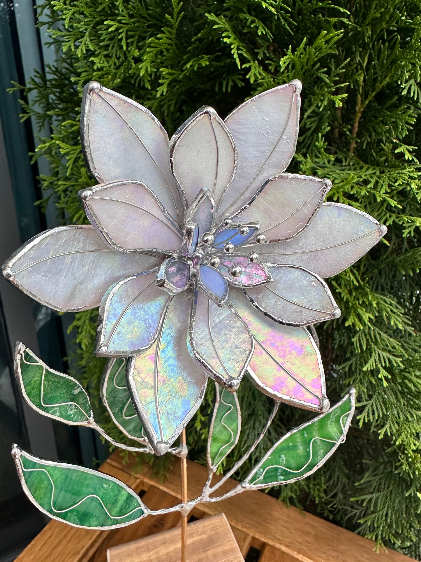 " . Pearl White Pearl Lily Iridescent" Stained glass tropical flower 3D, Sun catcher, Table plant decor, Garden stake, wedding decor, Christmas gift
