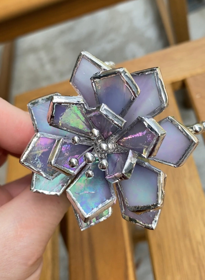 "Cactus blooming lavender Iridescent XL", Stained glass Succulent 3D, Echeveria, everlasting plant for flower pot