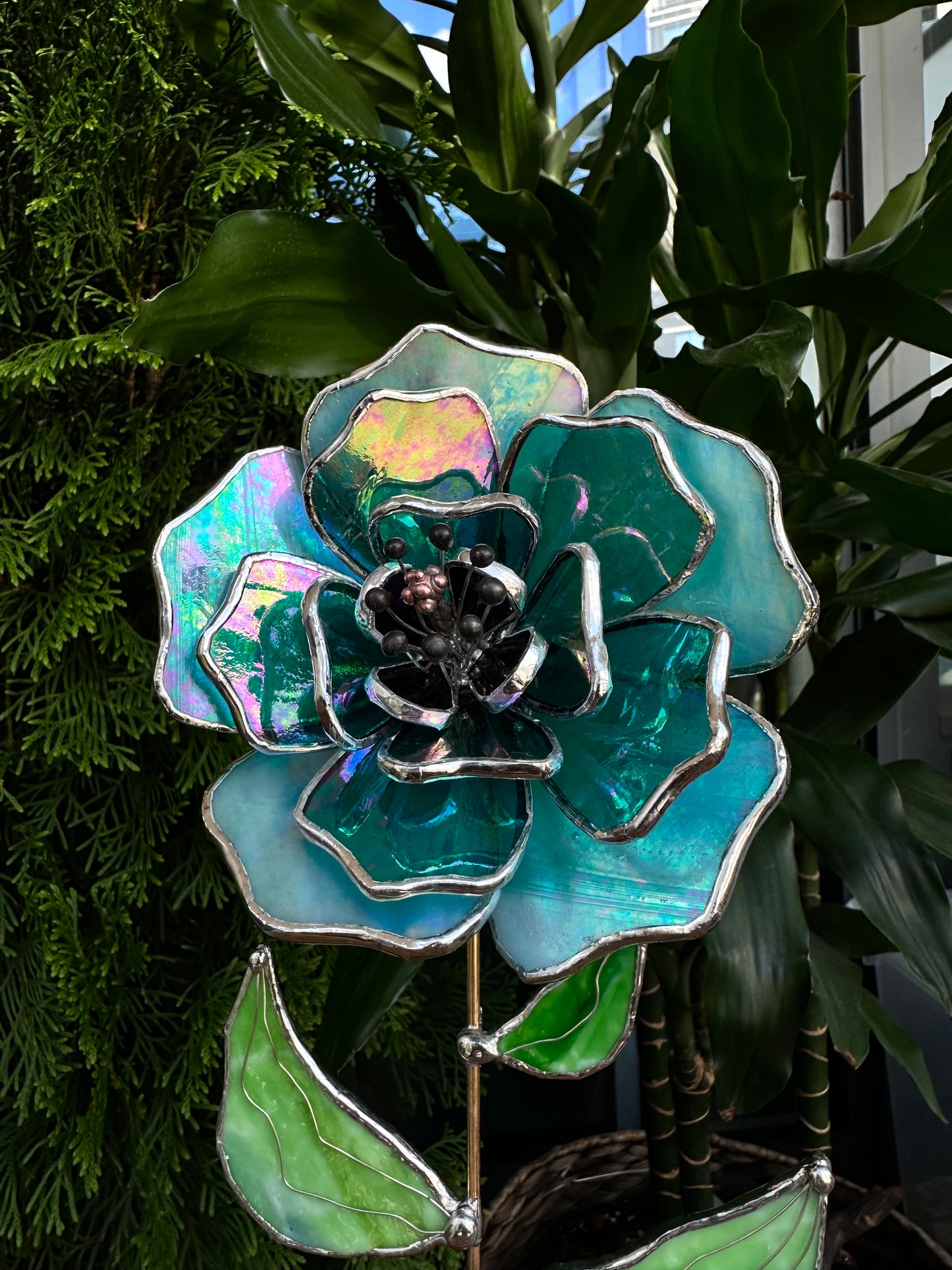 " . Beautiful Peony Turquoise Iridescent" Stained glass tropical flower 3D, Sun catcher, Table plant, Garden stake, wedding decor, Christmas gift