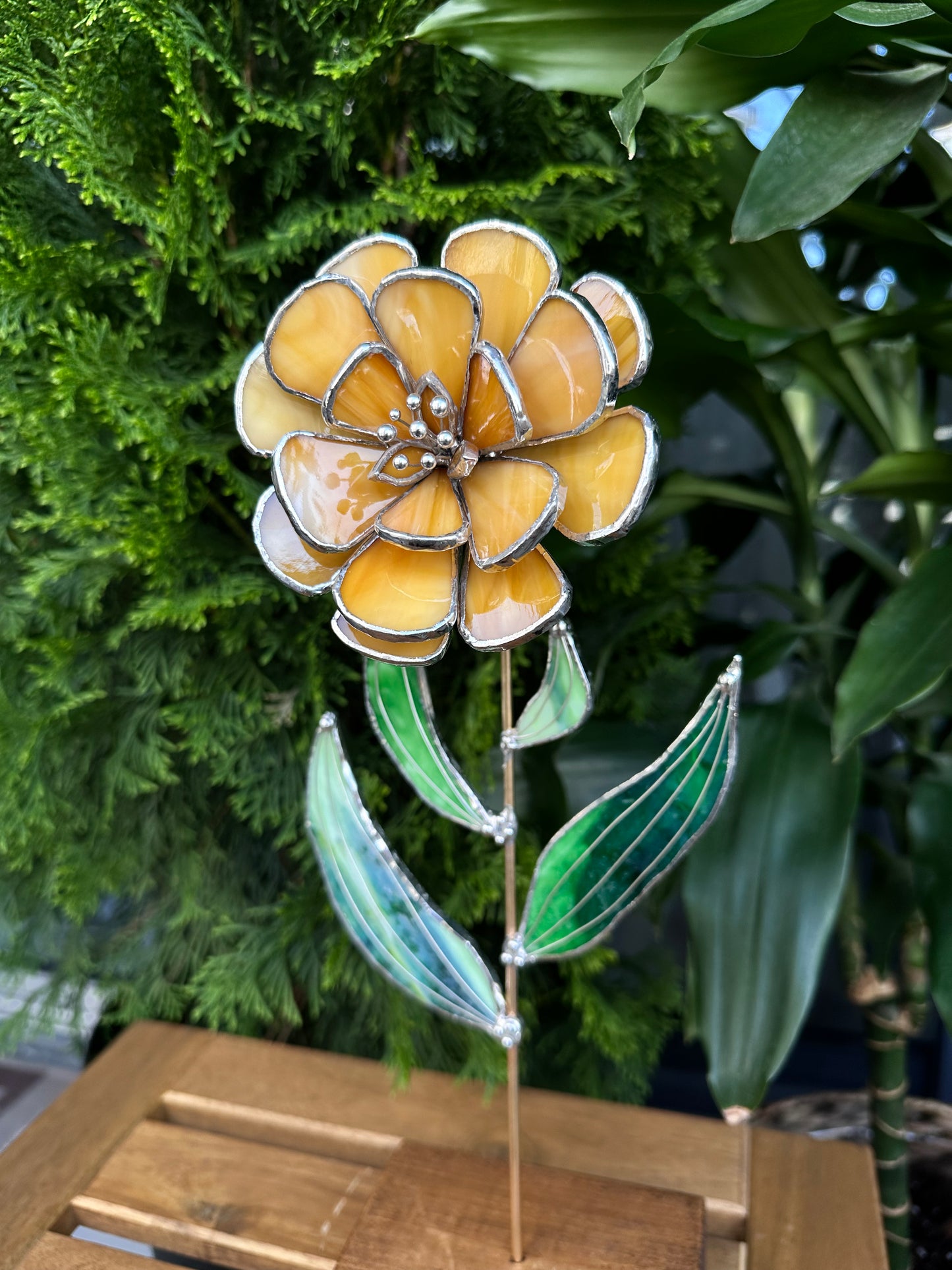 ".Peach Peony", Stained glass tropical flower 3D, Sun catcher, Table plant decor, Garden stake, wedding decor, Christmas gift