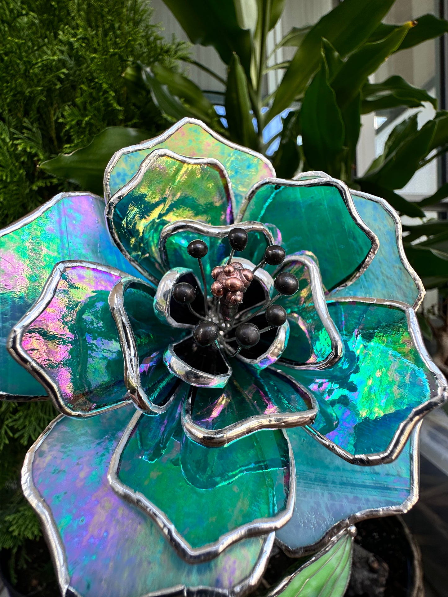 " . Beautiful Peony Turquoise Iridescent" Stained glass tropical flower 3D, Sun catcher, Table plant, Garden stake, wedding decor, Christmas gift