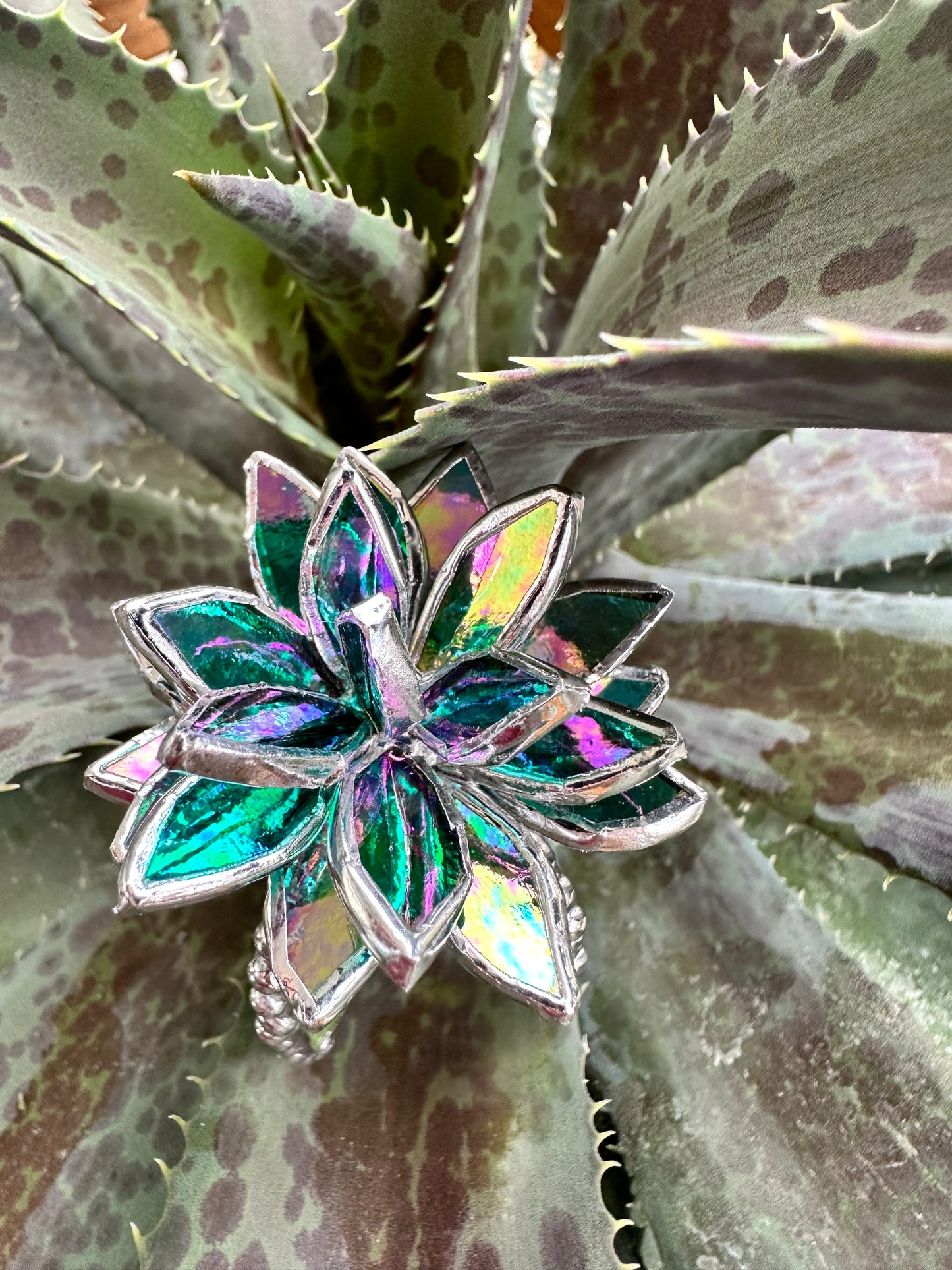 "Cactus Turquoise Iridescent", Stained glass Succulent 3D design, Mother’s Day gift, house plant for flower pot, Sun catcher, glass art