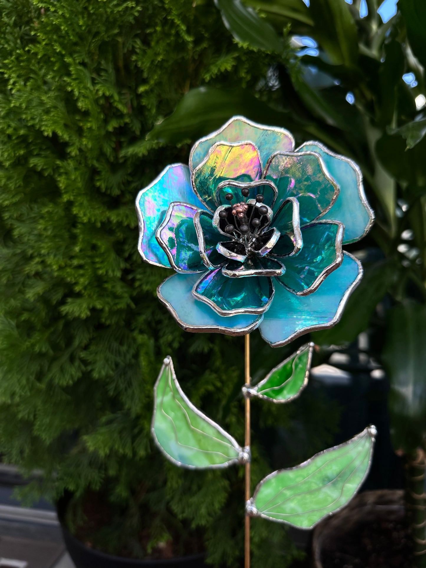 " . Peony Turquoise Iridescent" Stained glass tropical flower 3D, Sun catcher, Table plant, Garden stake, wedding decor, Christmas gift