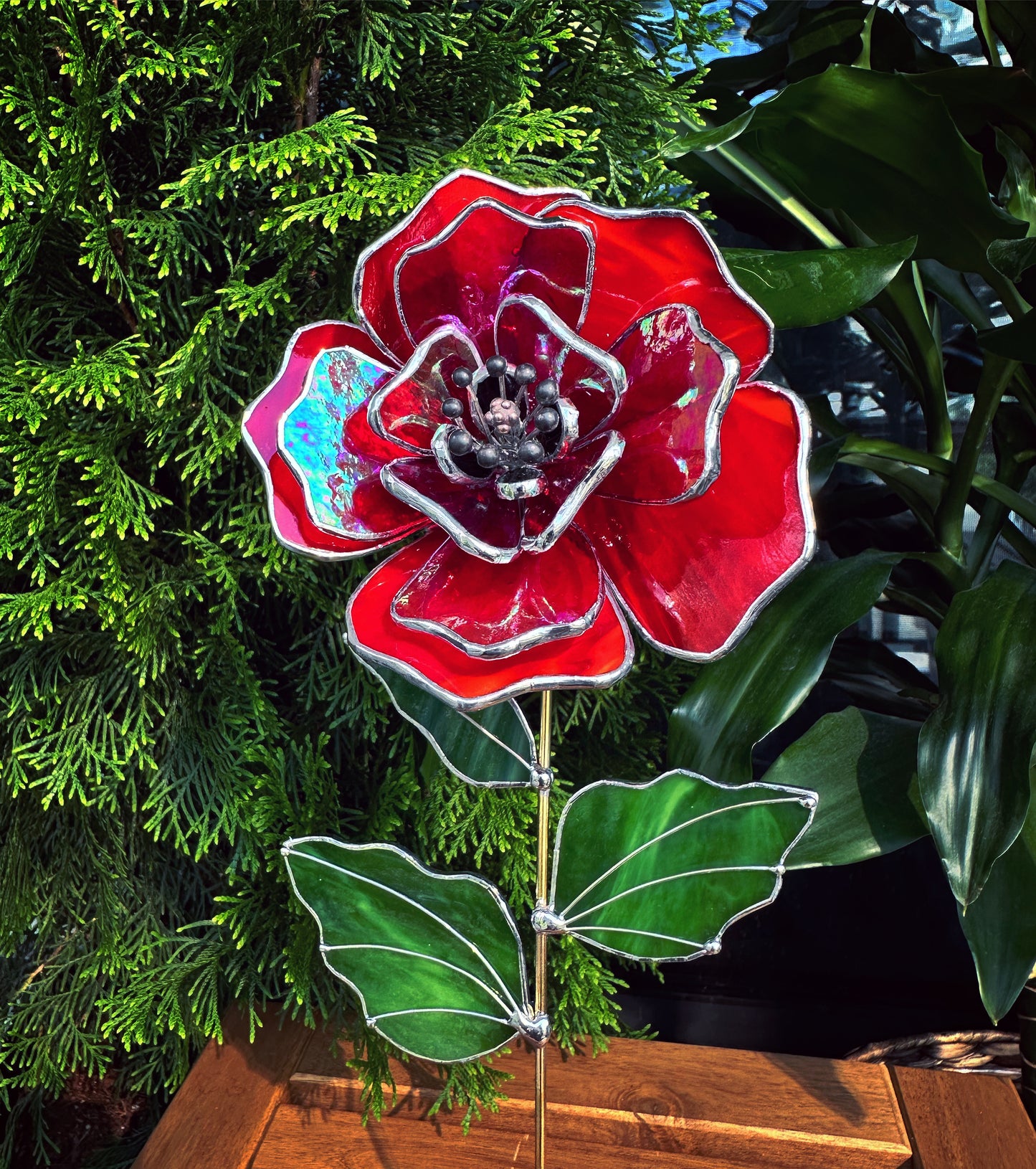 " . Beautiful Red Peony Iridescent", Stained glass tropical flower 3D, Sun catcher, Table plant decor, Garden stake, wedding decor, Christmas gift poppy