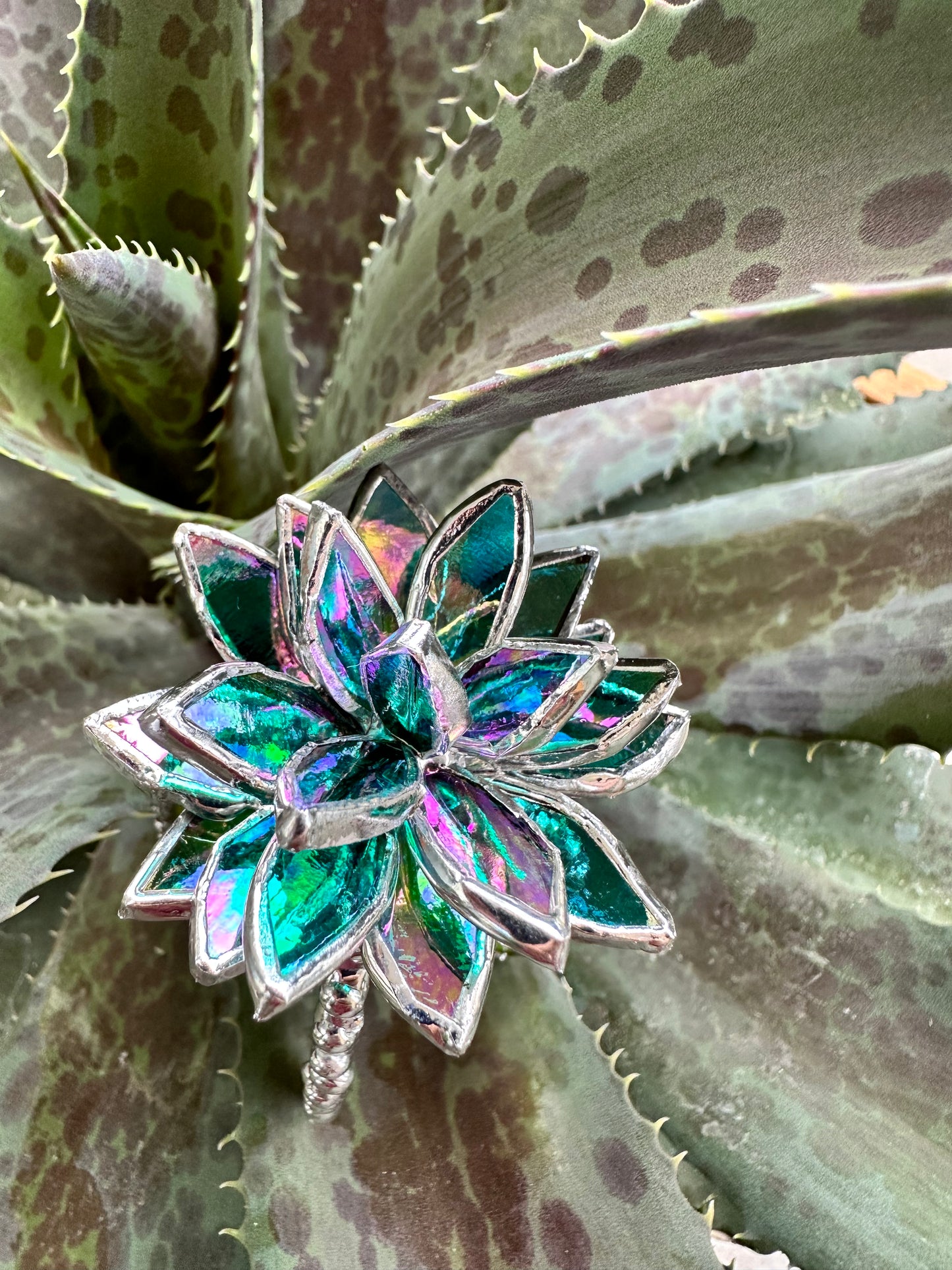 "Cactus Turquoise Iridescent", Stained glass Succulent 3D design, Mother’s Day gift, house plant for flower pot, Sun catcher, glass art