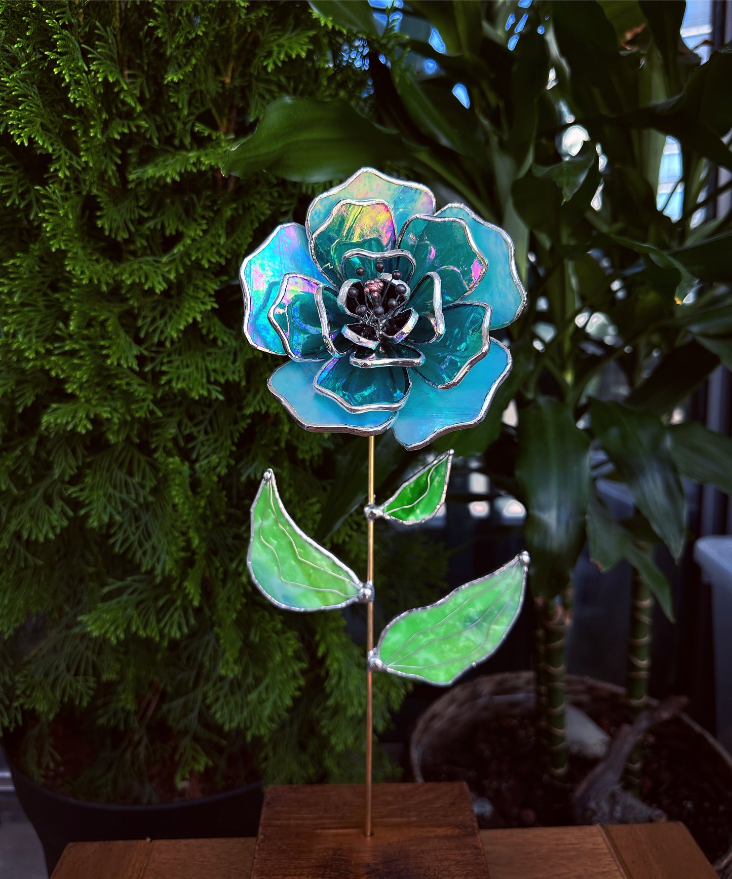 " . Peony Turquoise Iridescent" Stained glass tropical flower 3D, Sun catcher, Table plant, Garden stake, wedding decor, Christmas gift