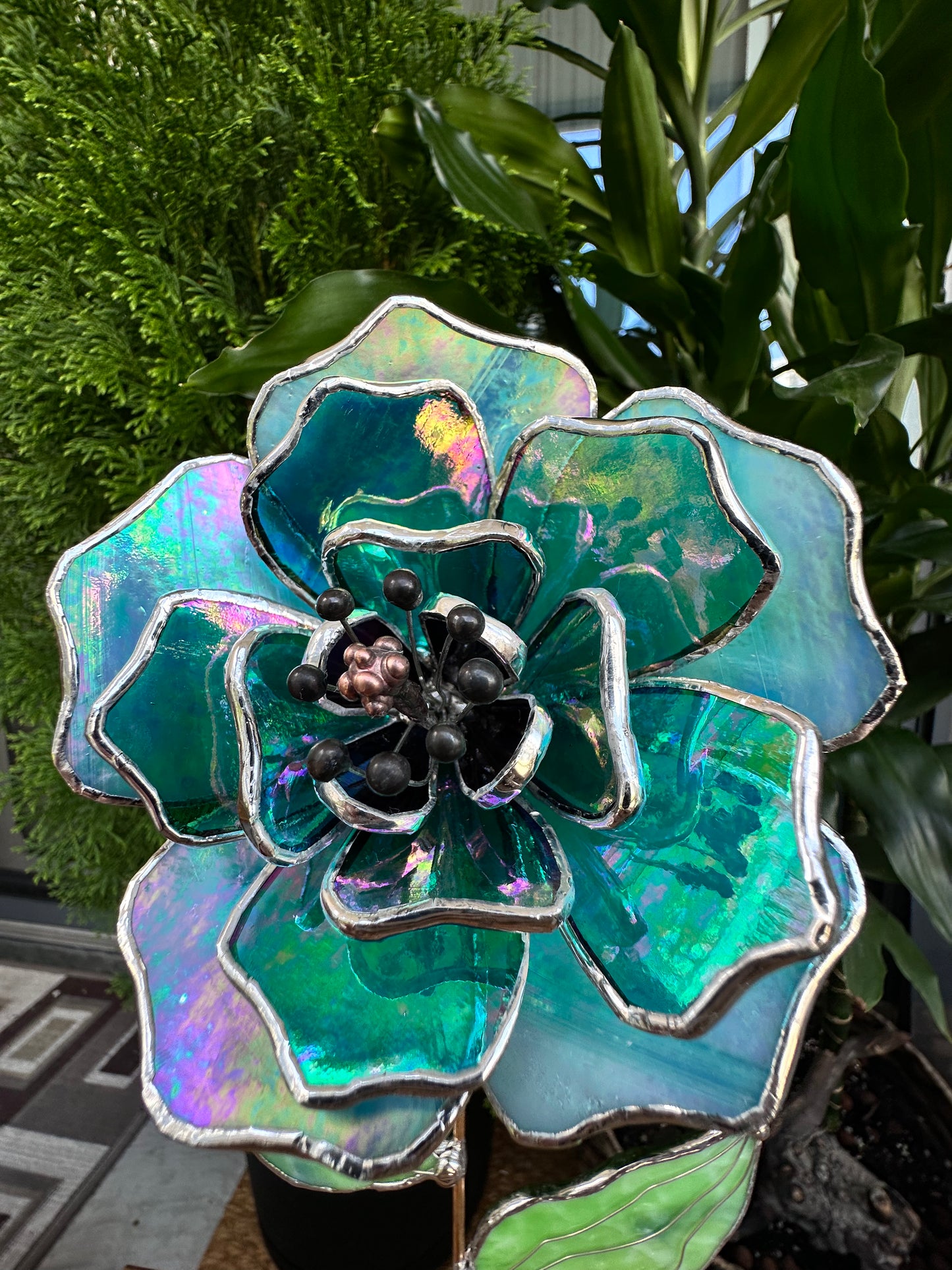 " . Beautiful Peony Turquoise Iridescent" Stained glass tropical flower 3D, Sun catcher, Table plant, Garden stake, wedding decor, Christmas gift