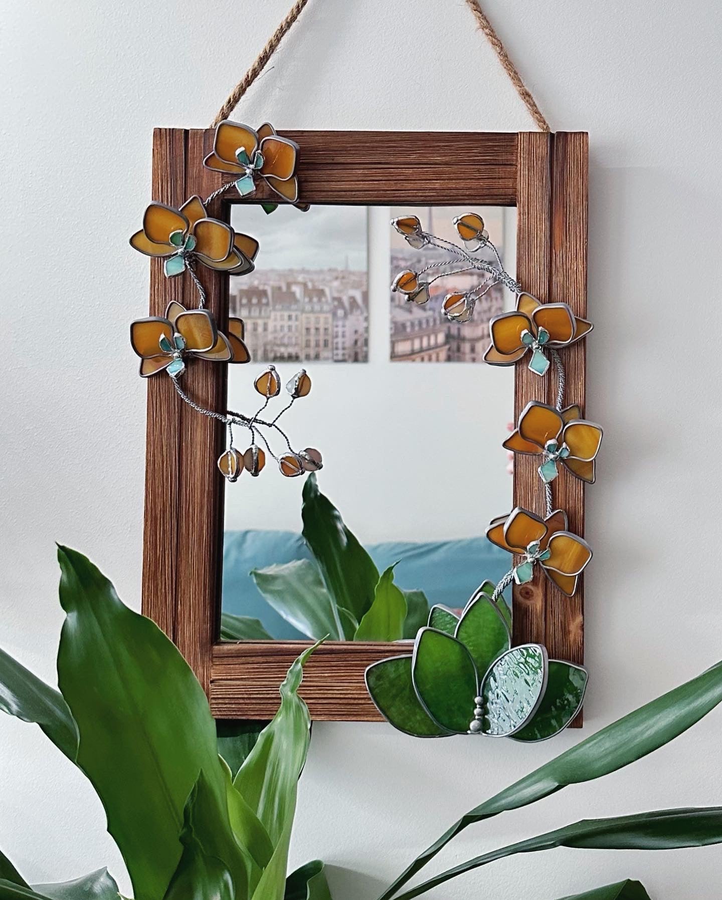 "Honey Orchid" Stained glass Mirror. Wall decor. Sun catcher Art. Glass flowers Orchids