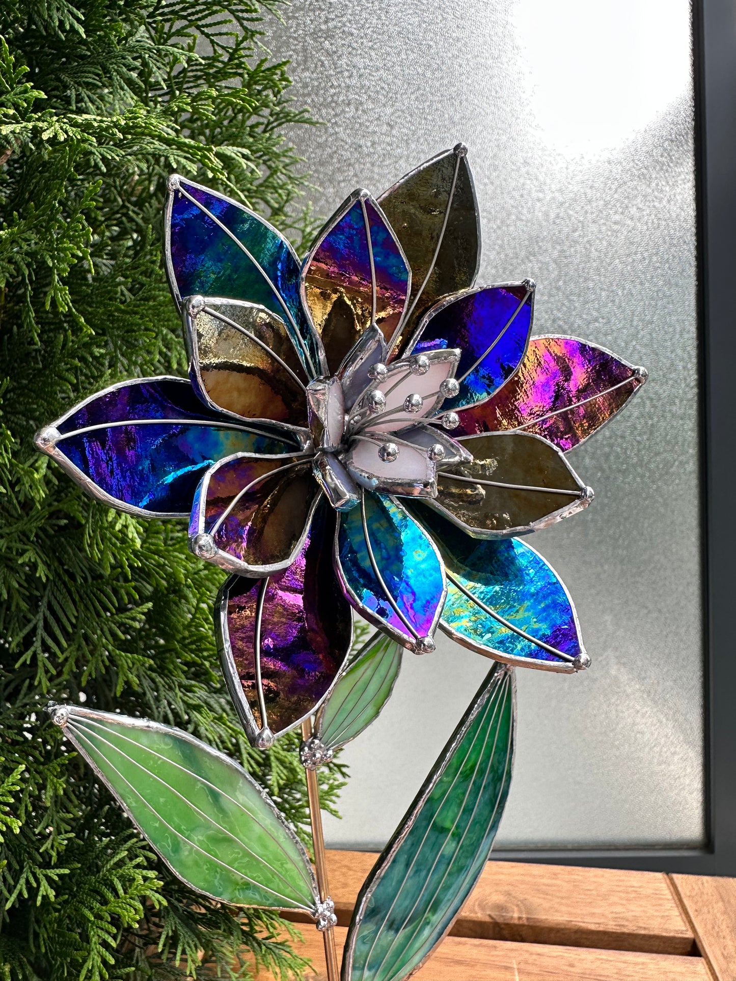 " . Lily Multicolour Iridescent", Stained glass tropical flower 3D, Sun catcher, Table plant decor, Garden stake, wedding decor, Christmas gift