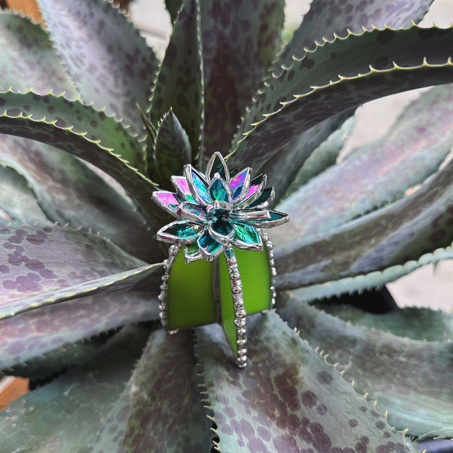 "Cactus Turquoise Iridescent", Stained glass Succulent 3D design, Mother’s Day gift, house plant for flower pot, Sun catcher, glass art