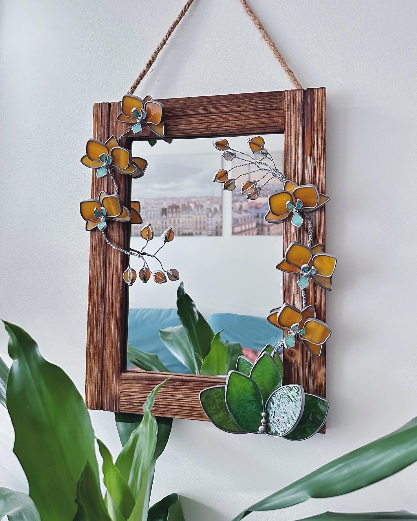 "Honey Orchid" Stained glass Mirror. Wall decor. Sun catcher Art. Glass flowers Orchids