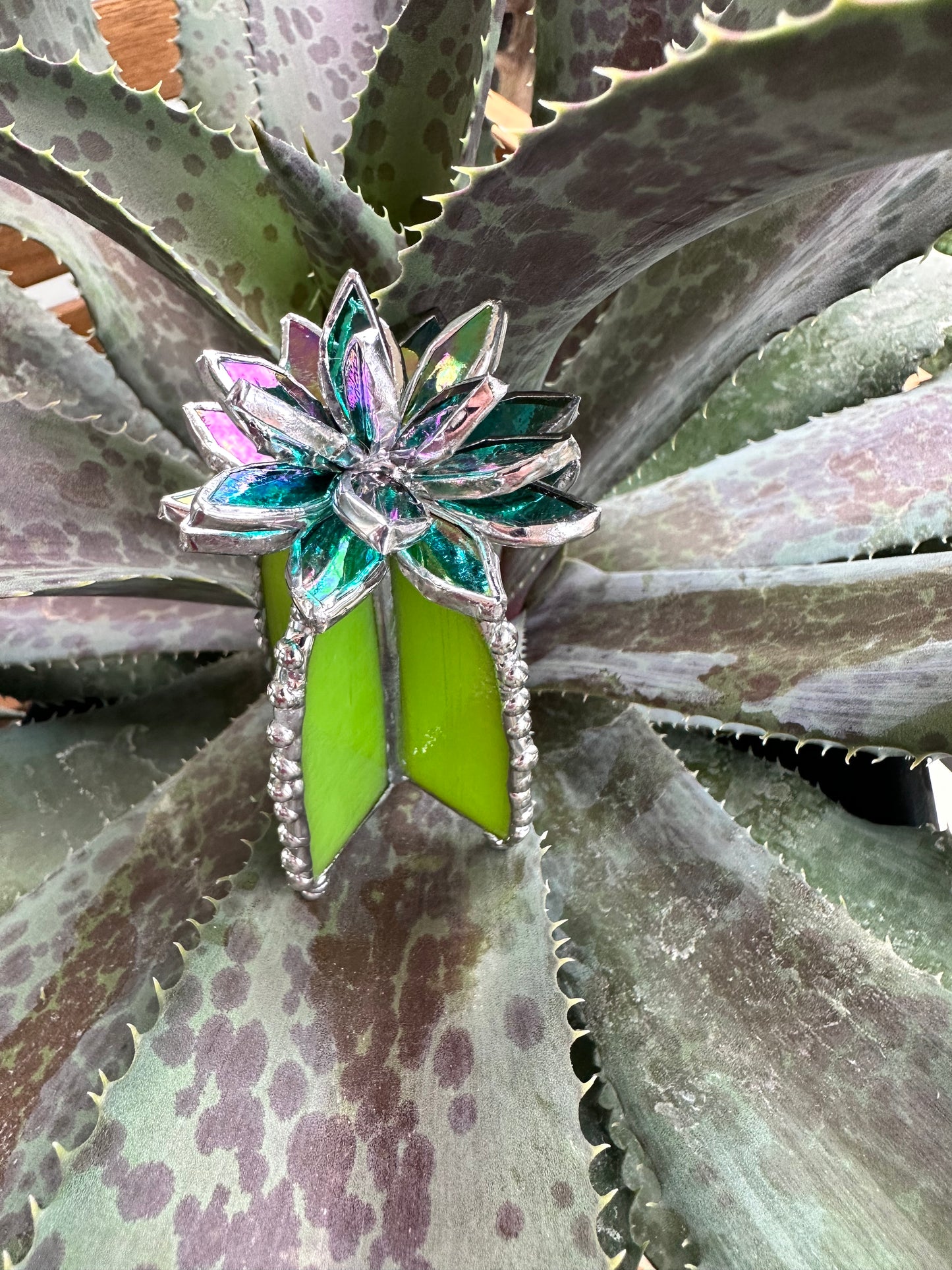 "Cactus Turquoise Iridescent", Stained glass Succulent 3D design, Mother’s Day gift, house plant for flower pot, Sun catcher, glass art
