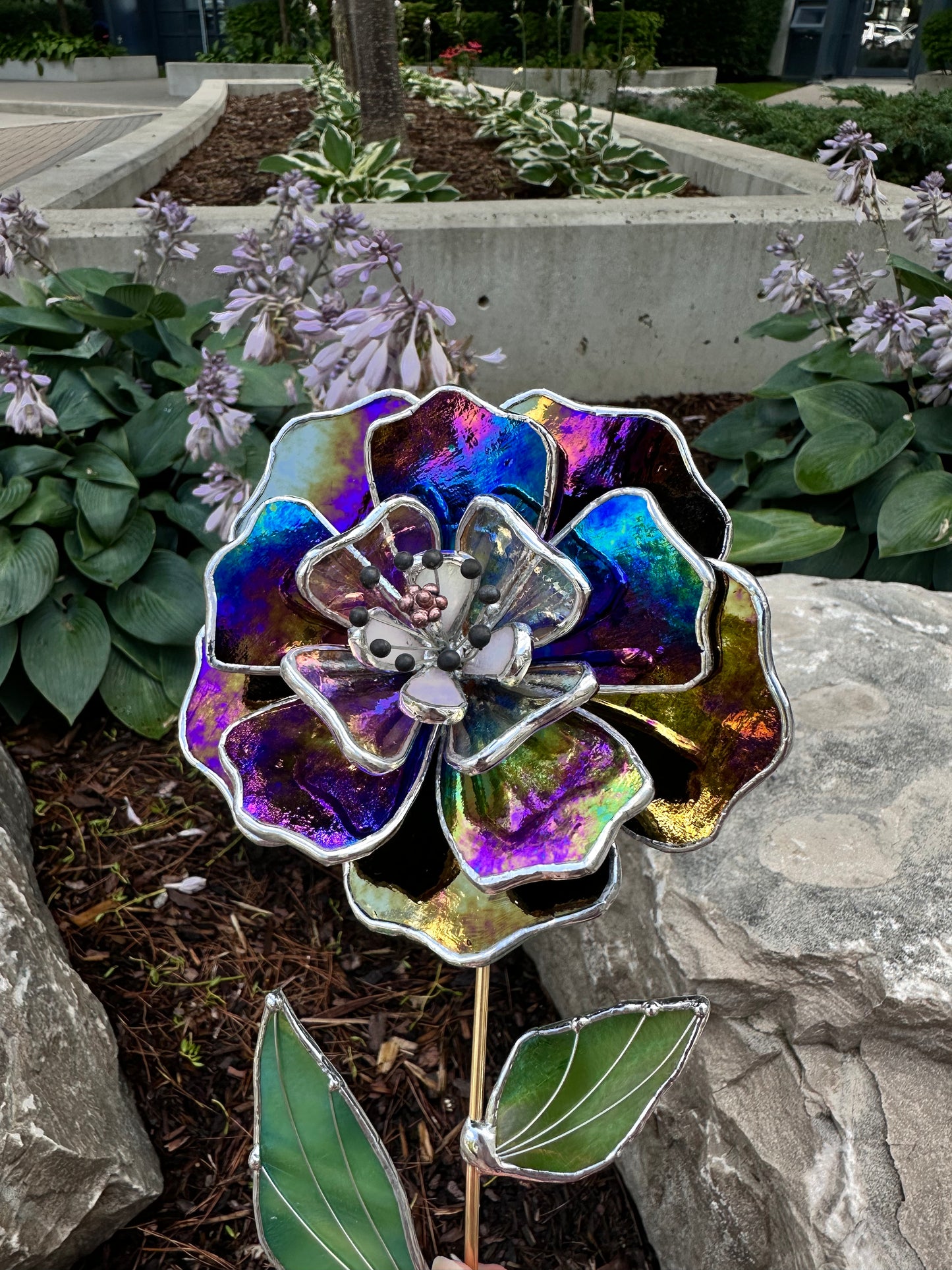 ". Multicolour Peony flower Iridescent", Stained glass tropical flower 3D, Sun catcher, Table plant decor, Garden stake, wedding decor, Christmas gift