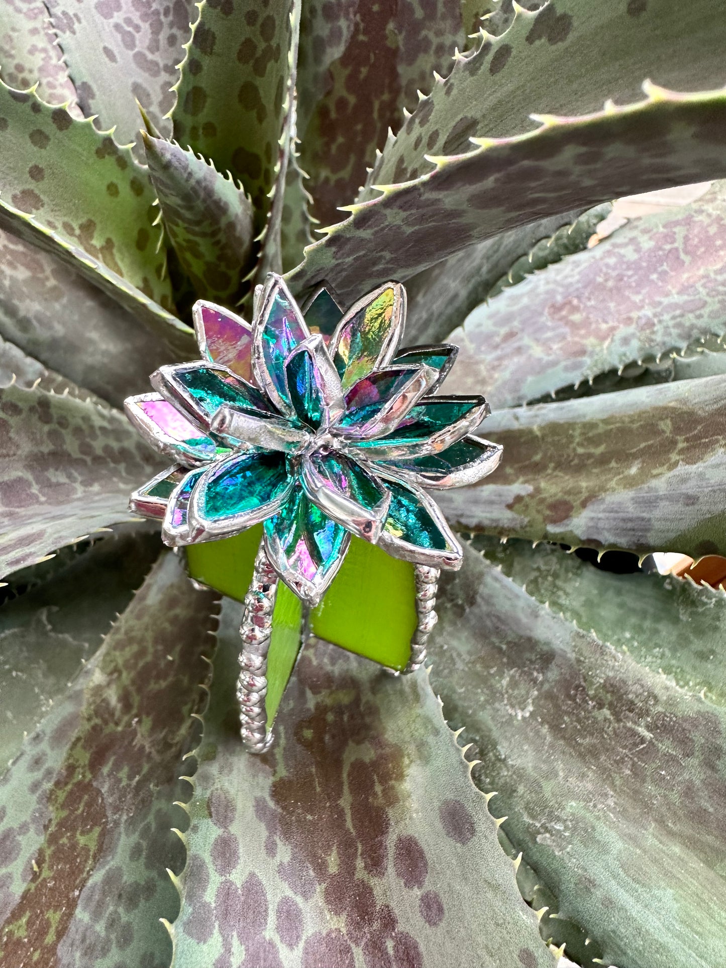 "Cactus Turquoise Iridescent", Stained glass Succulent 3D design, Mother’s Day gift, house plant for flower pot, Sun catcher, glass art