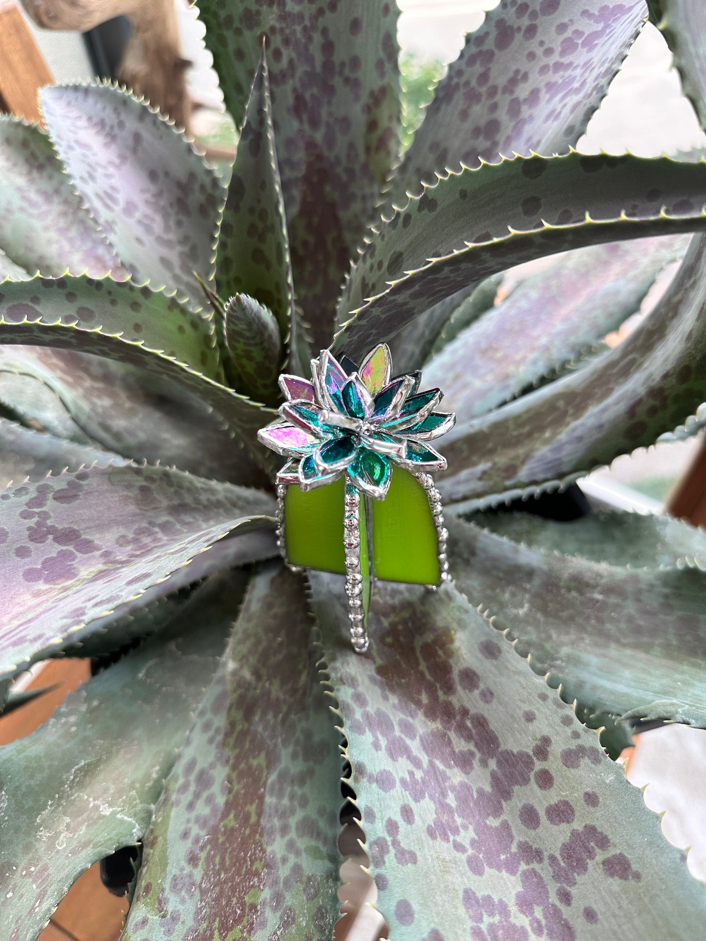 "Cactus Turquoise Iridescent", Stained glass Succulent 3D design, Mother’s Day gift, house plant for flower pot, Sun catcher, glass art