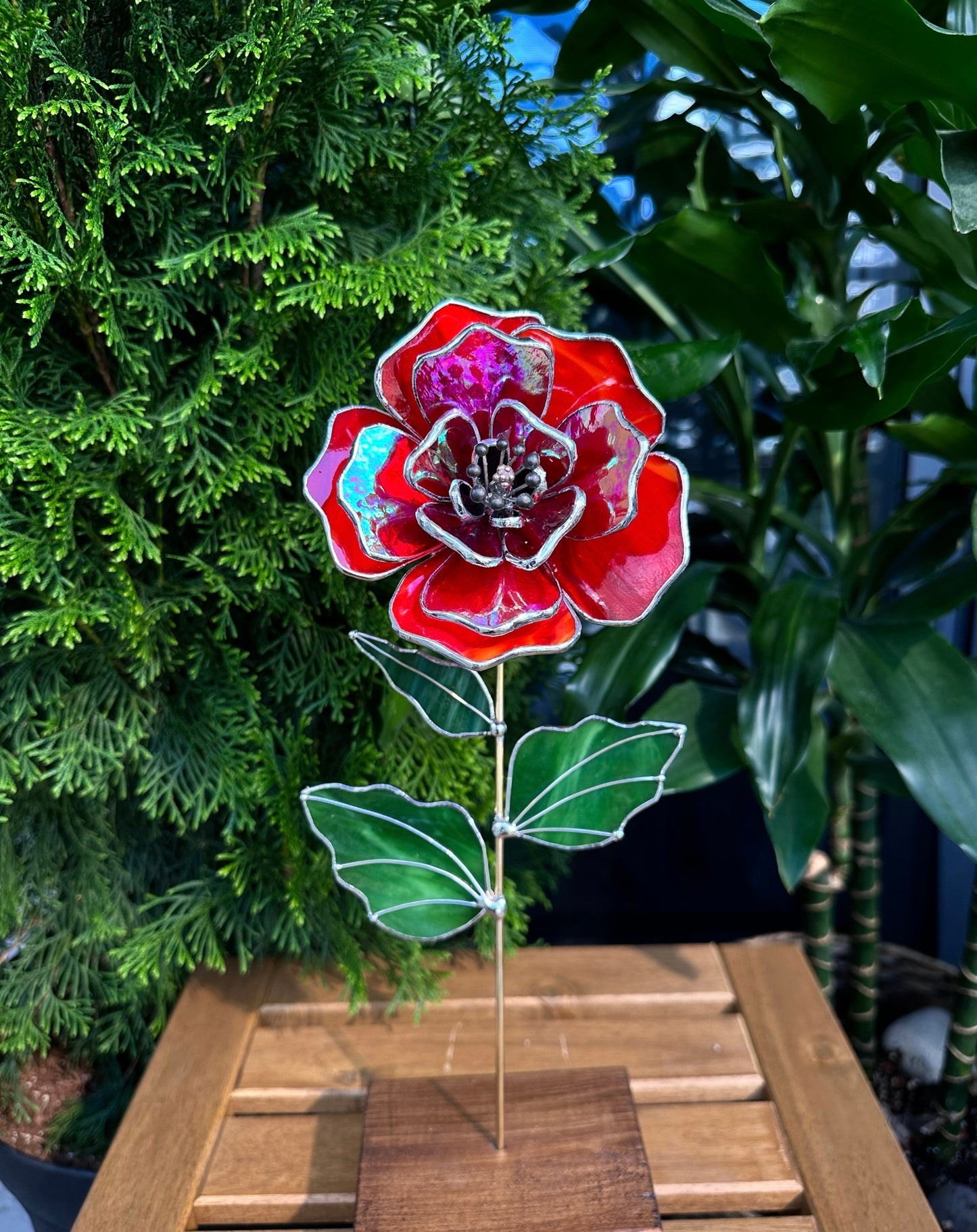 " . Beautiful Red Peony Iridescent", Stained glass tropical flower 3D, Sun catcher, Table plant decor, Garden stake, wedding decor, Christmas gift poppy