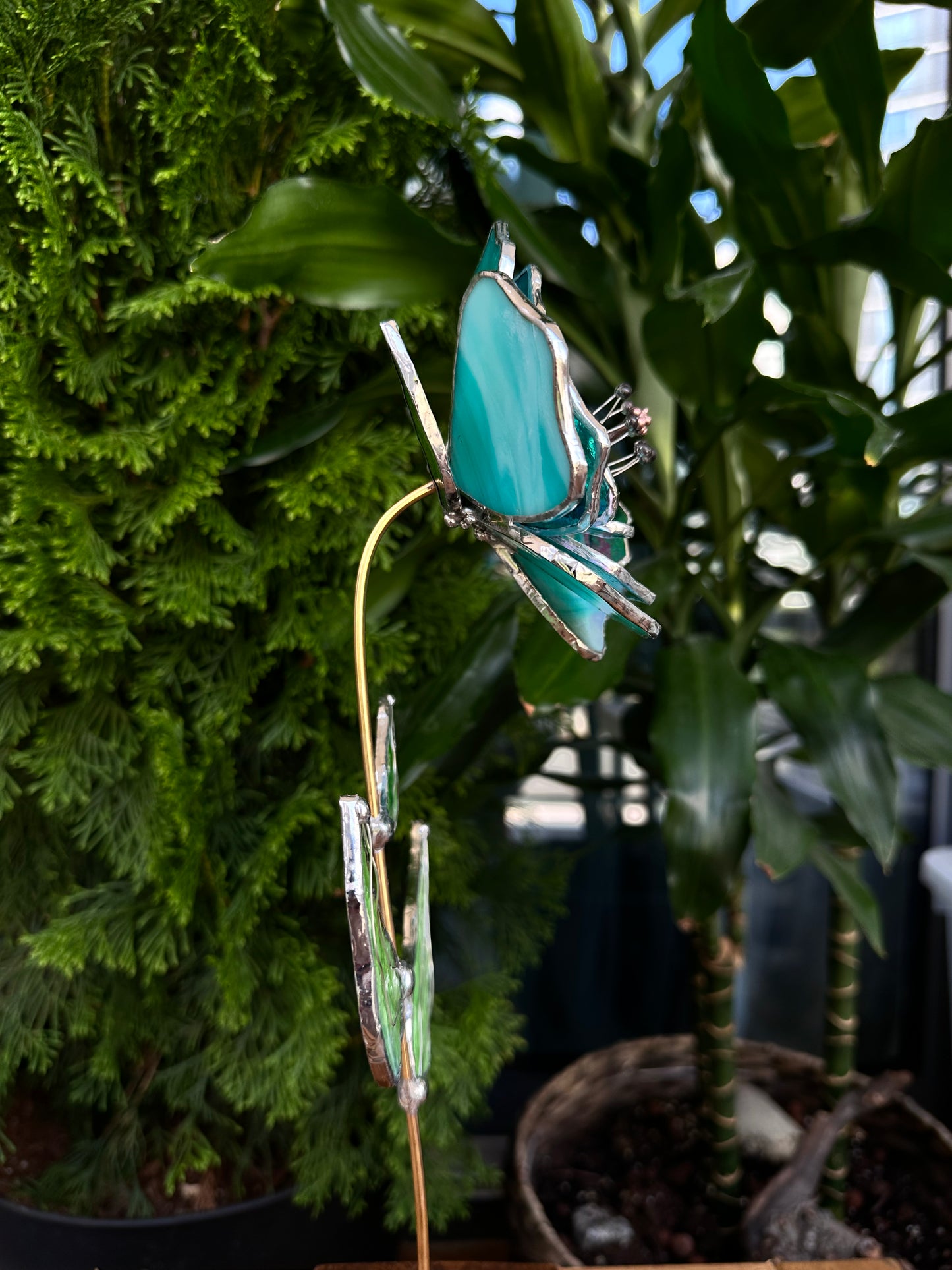 " . Beautiful Peony Turquoise Iridescent" Stained glass tropical flower 3D, Sun catcher, Table plant, Garden stake, wedding decor, Christmas gift