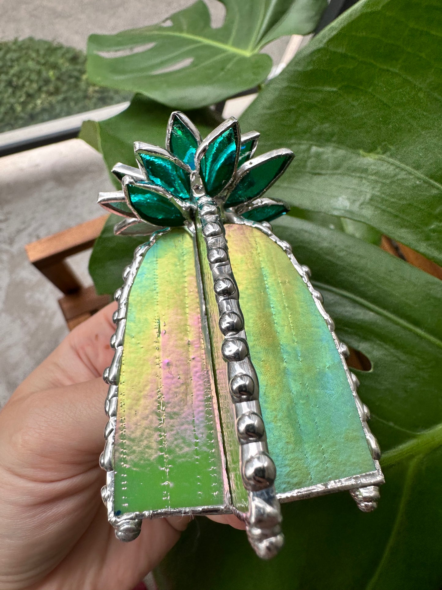 "Cactus Turquoise Iridescent", Stained glass Succulent 3D design, Mother’s Day gift, house plant for flower pot, Sun catcher, glass art