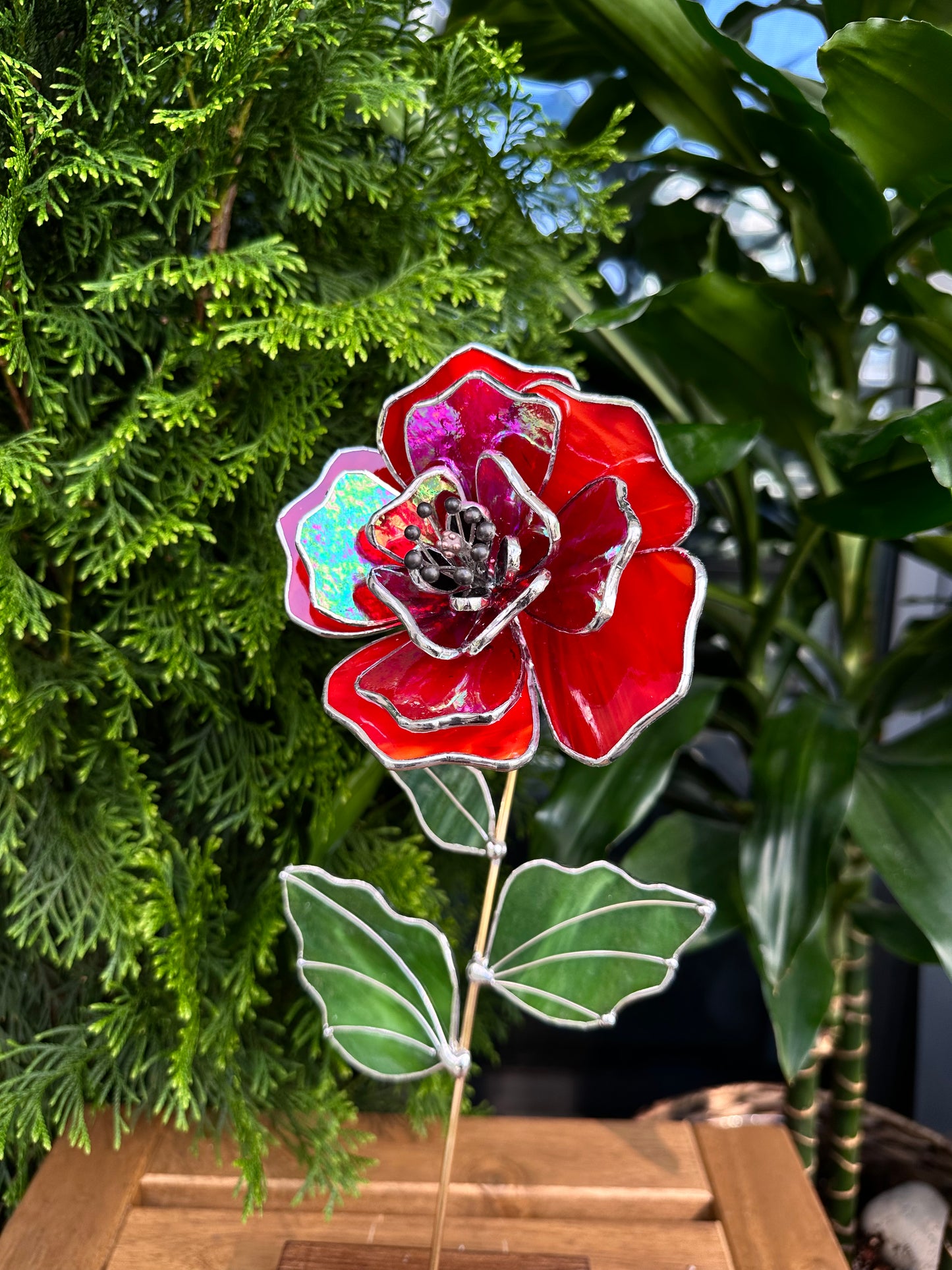 " . Beautiful Red Peony Iridescent", Stained glass tropical flower 3D, Sun catcher, Table plant decor, Garden stake, wedding decor, Christmas gift poppy