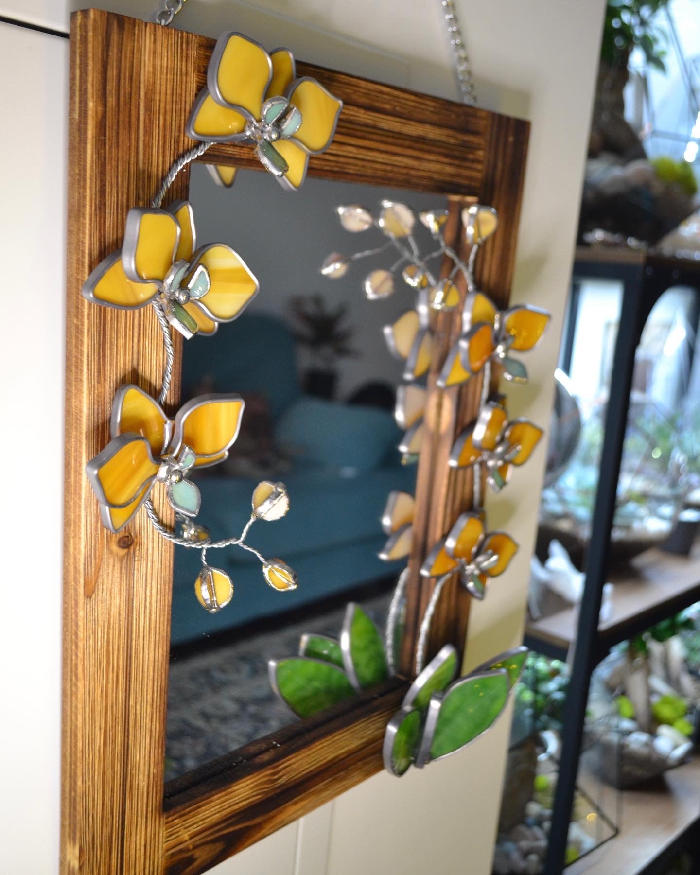 "Honey Orchid" Stained glass Mirror. Wall decor. Sun catcher Art. Glass flowers Orchids