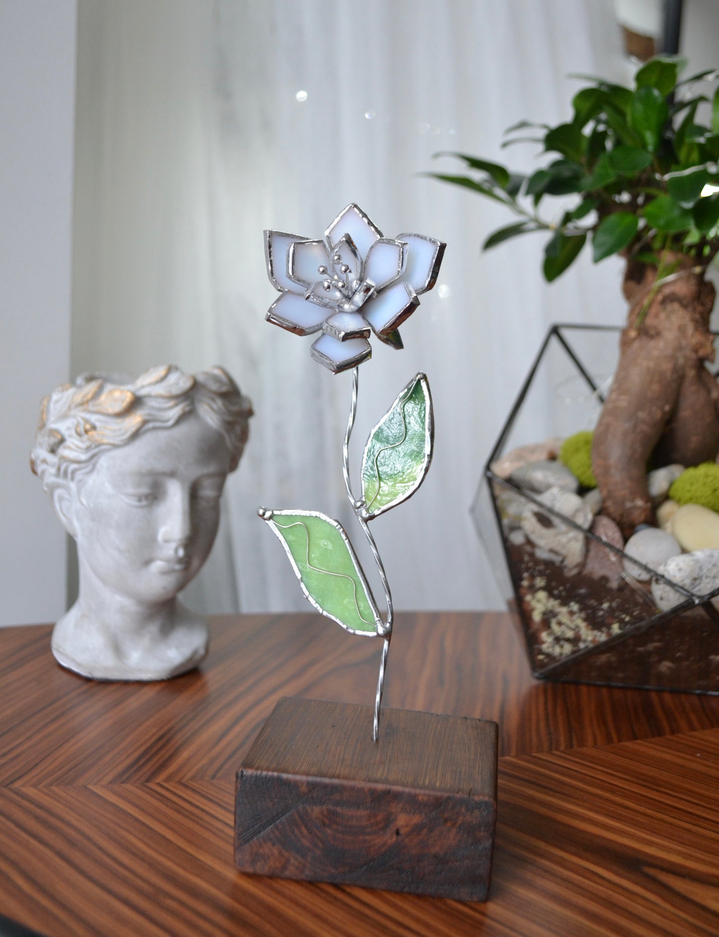 'Peony' Stained glass flower, 3D Sun catcher, Table plant decor, Garden stake, Outdoor and gardening decor