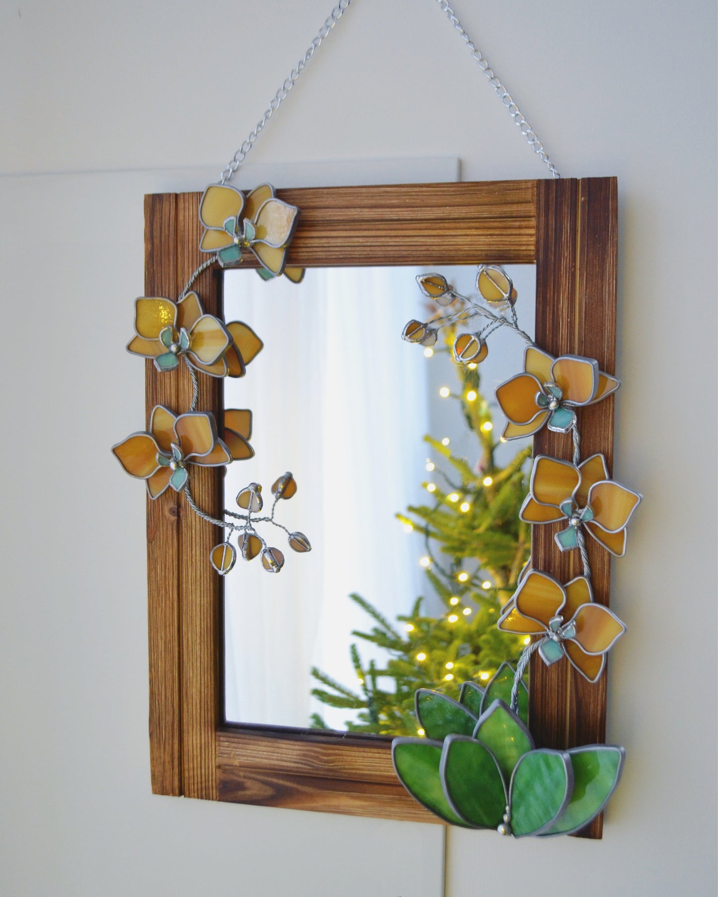 "Honey Orchid" Stained glass Mirror. Wall decor. Sun catcher Art. Glass flowers Orchids