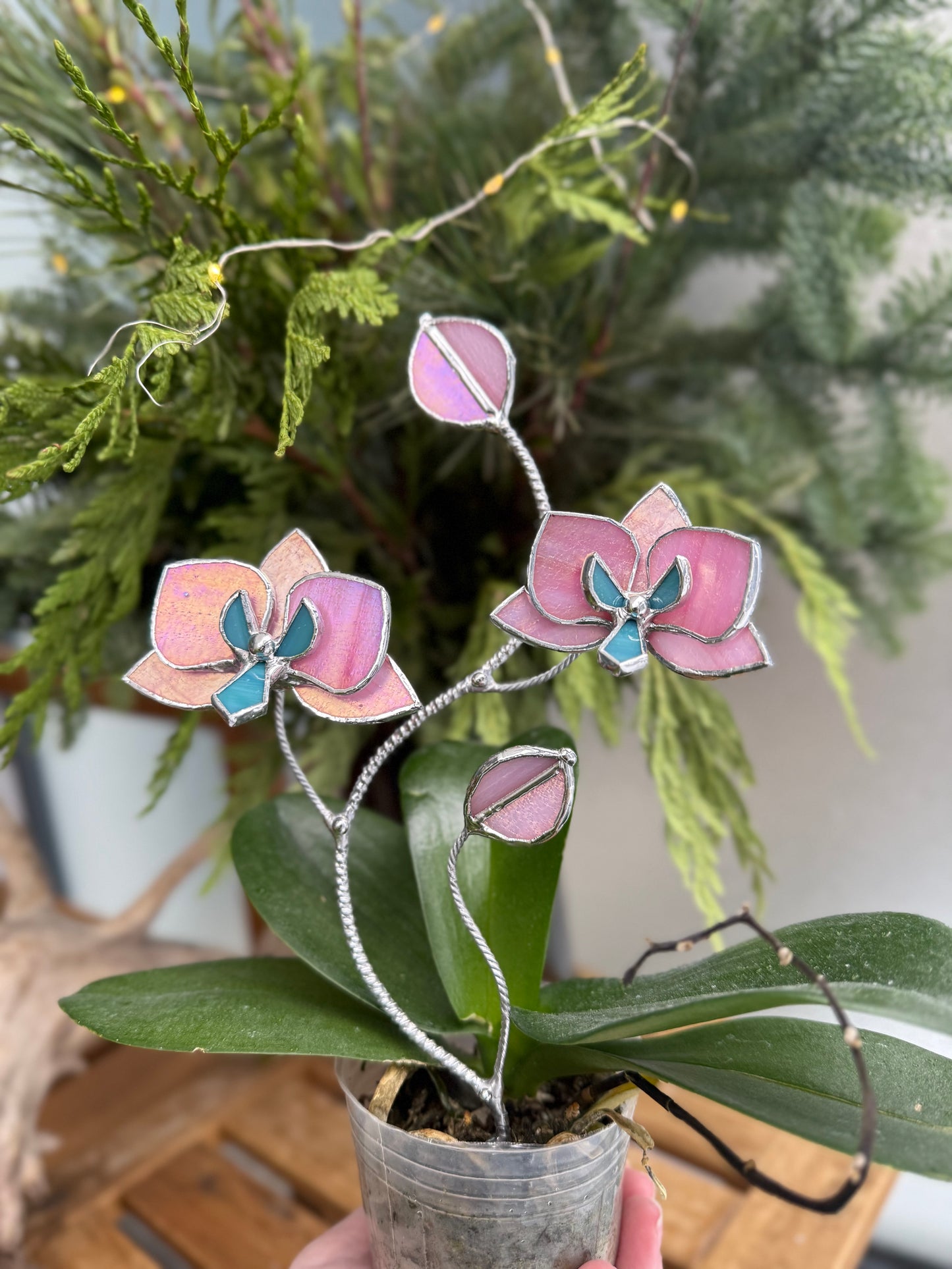 "  . Bright Pink iridescent Orchid flower stick, Plant stake 2 flowers no pot” Stained glass decor