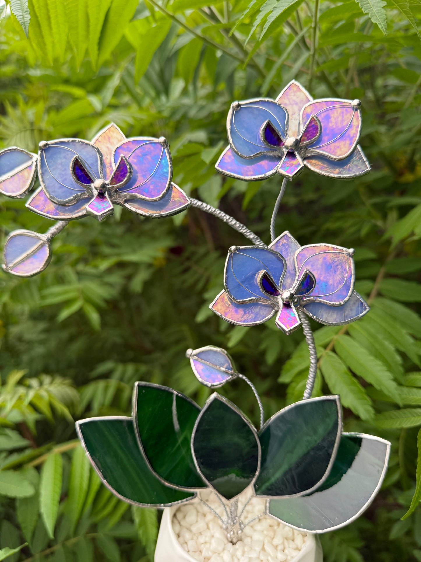 " . Blue lavender iridescent Orchid 3 flowers with pot” Stained glass tropical flower 3D, Sun catcher, Table plant, Garden stick, Outdoor and gardening decor available new
