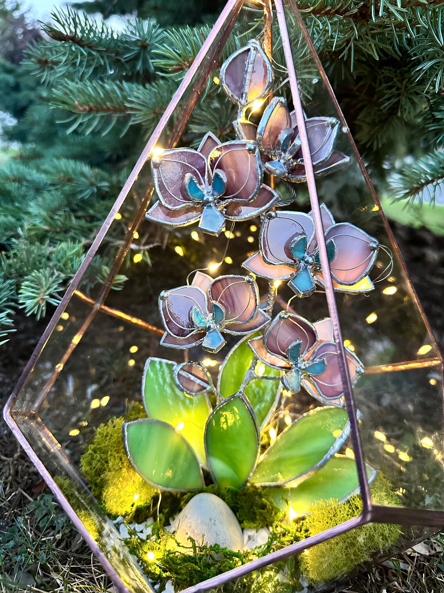 " . Geometric glass 3D terrarium Teardrop with stained glass orchids. Wedding glass decor, Mother’s Day  gift, glass art, suncatcher, succulents, cacti