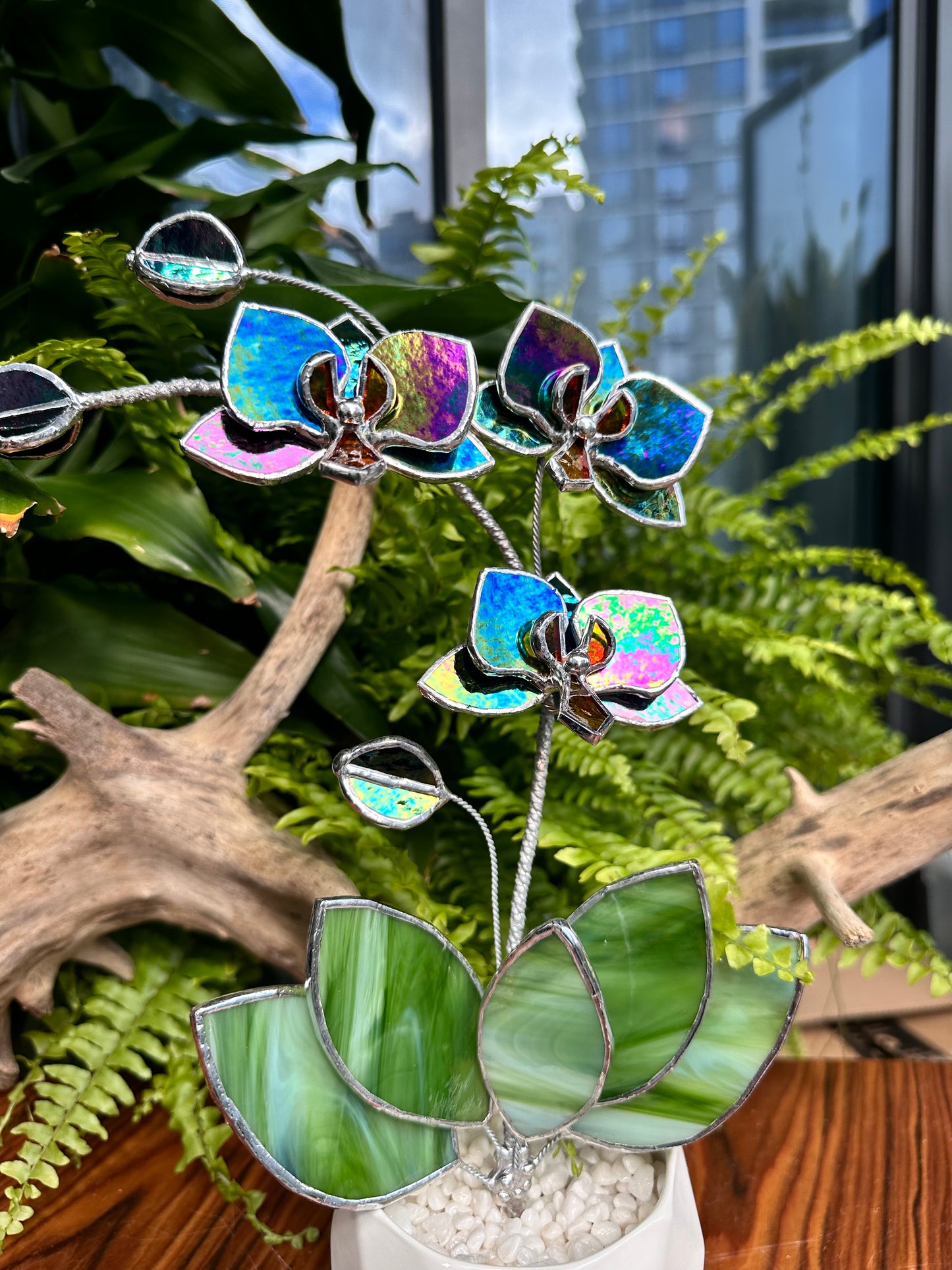 ". Multicolor opaque Orchid 3 flowers with pot” Stained glass tropical flower 3D, Sun catcher, Table plant, Garden stick, Outdoor and gardening decor