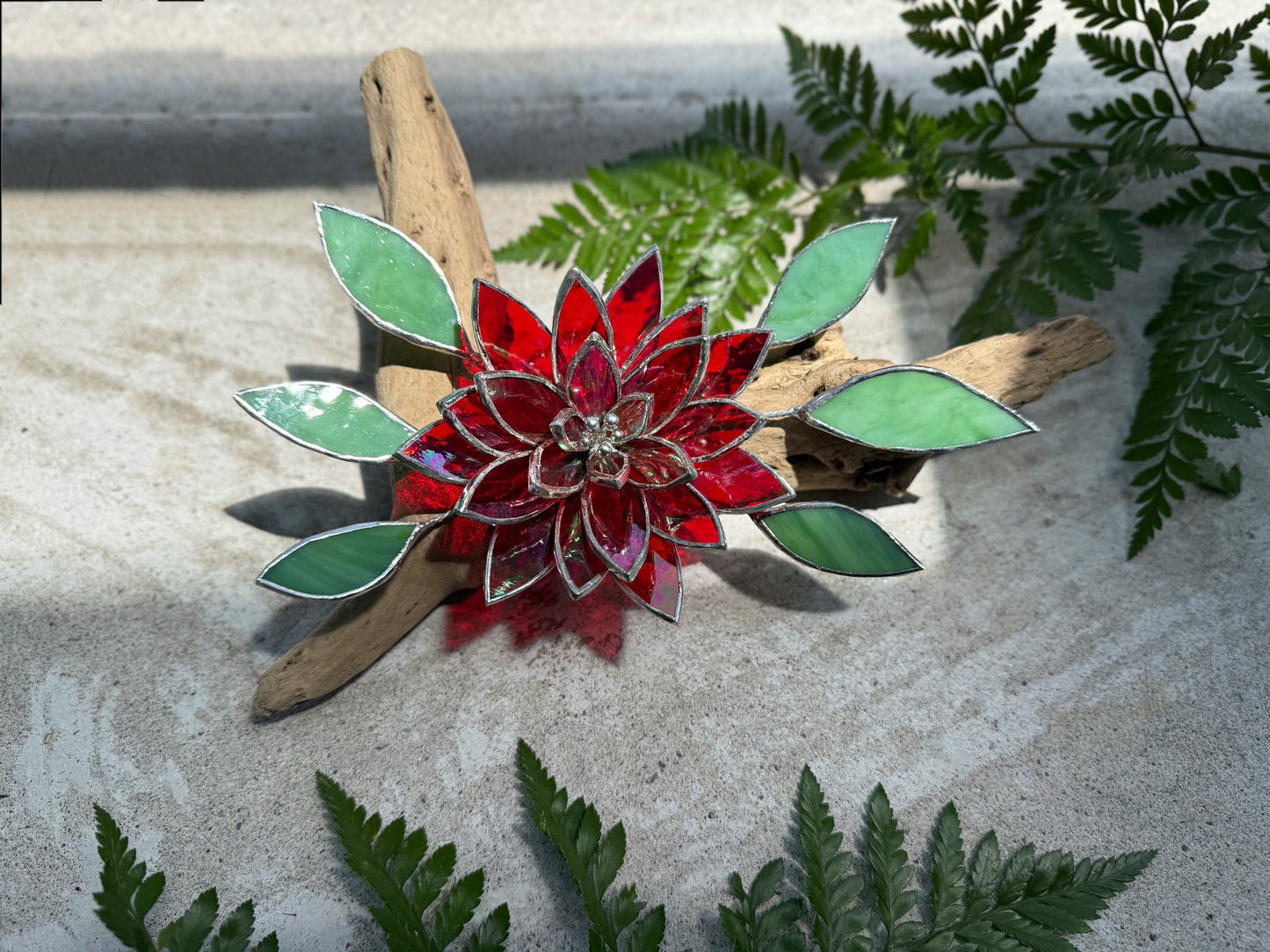 .Fire Flower Iridescent " Stained Glass Driftwood Wall Decor Suncatcher