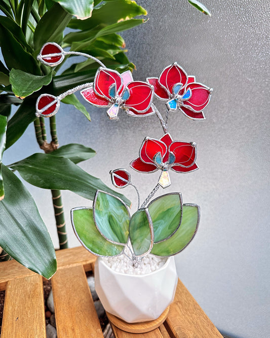 ". Ruby Red Orchid 3 flowers with pot” Stained glass tropical flower 3D, Sun catcher, Table plant decor, Garden stick, Outdoor and gardening decor