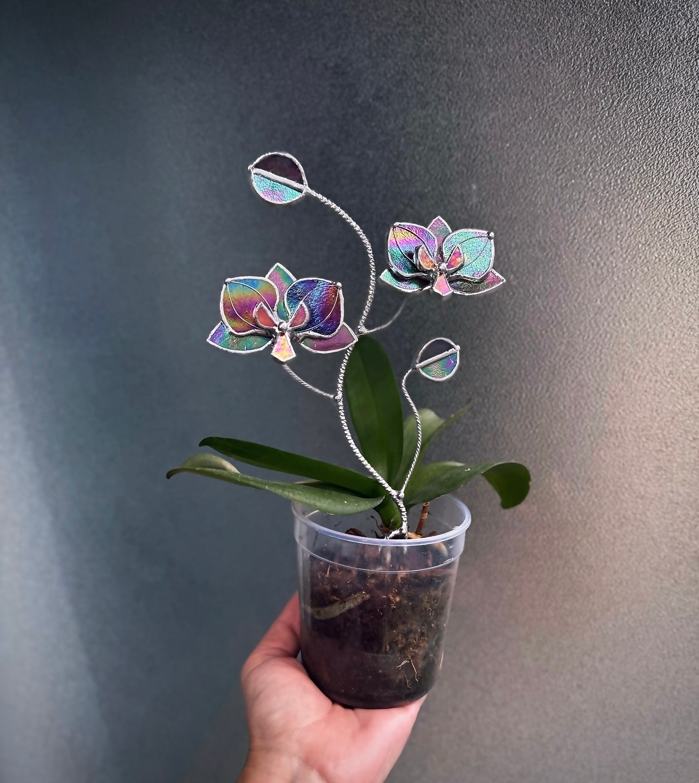 " . Mauve irid Orchid flower stick, Plant stake 2 flowers no pot” Stained glass tropical flower 3D, Sun catcher, Table plant, Garden stick, Outdoor and gardening decor