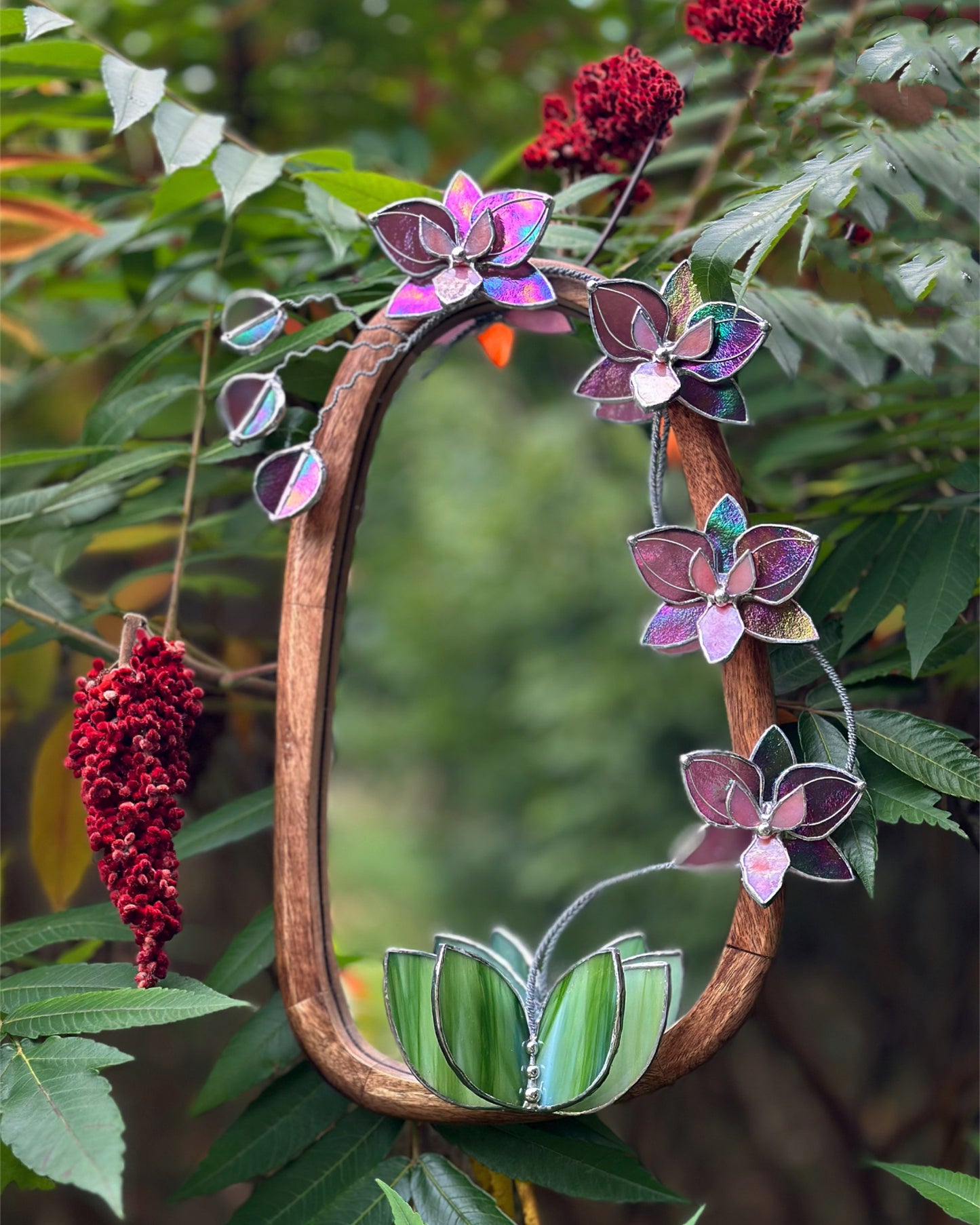 " . Butterfly Mauve iridescent Orchid Mirror”, Stained glass flower Wall decor, Suncatcher, Home wedding Decor, Christmas gift, available