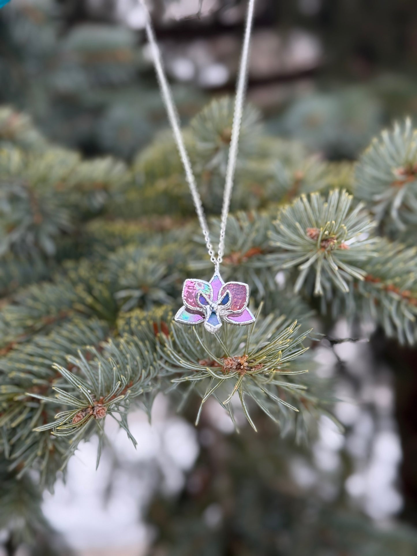 " . Necklace Orchid Candy Pink iridescent Necklace” Stained glass tropical flower 3D, art jewelry