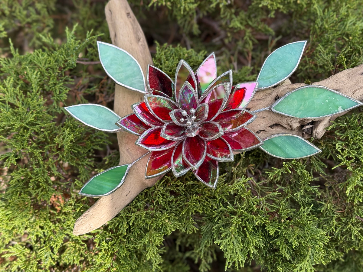 Fire Flower Iridescent Stained Glass Driftwood Wall Decor Suncatcher