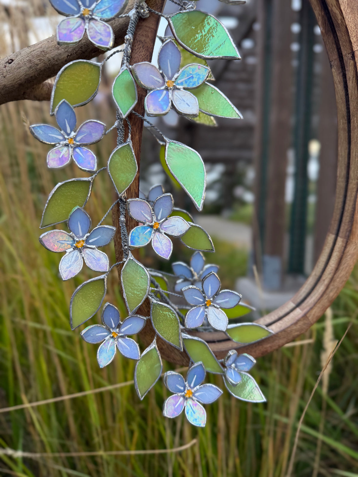 Forget Me Not iridescent Stained glass Flower Mirror, 3D Botanical Floral Wall Art ready new